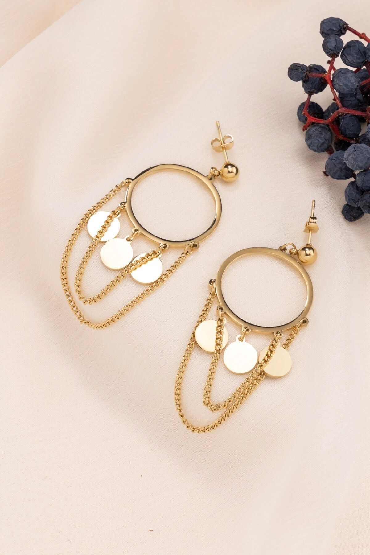 Sacha Accessories Daire Zincirli Çelik Küpe
