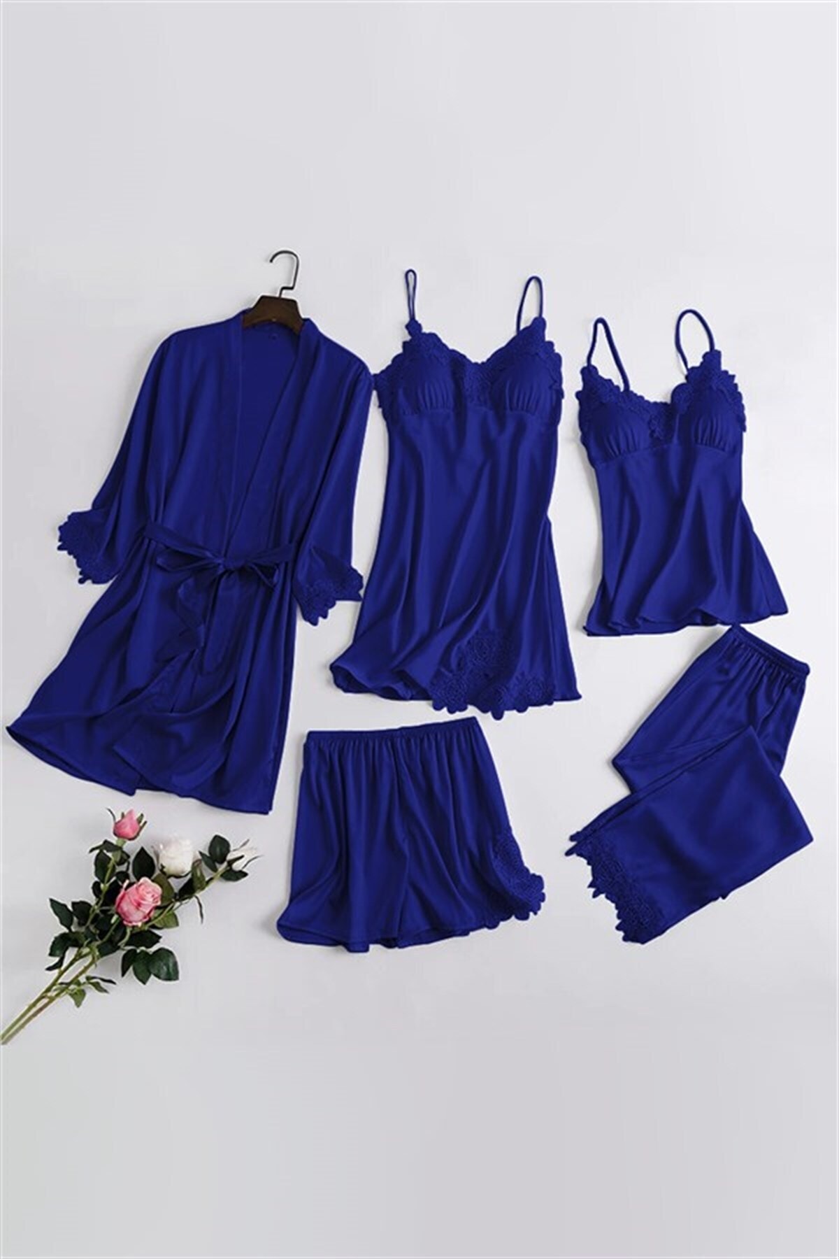 Pembishomewear Violet Moskova Saten Güpürlü Set 5 li