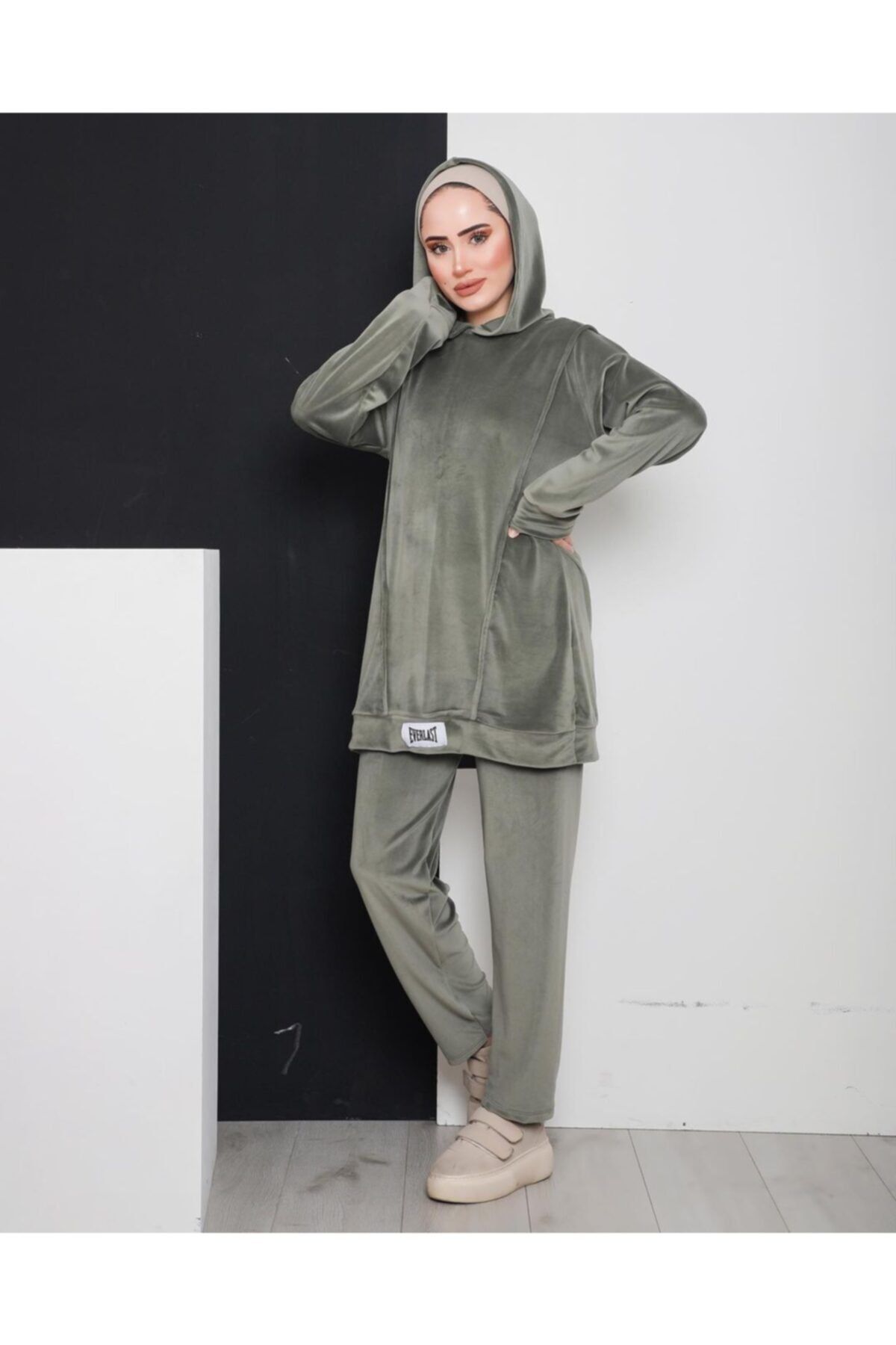 MISSKAFTAN COLLECTİON Kadın Haki Tesettür Kadife Eşofman Takımı
