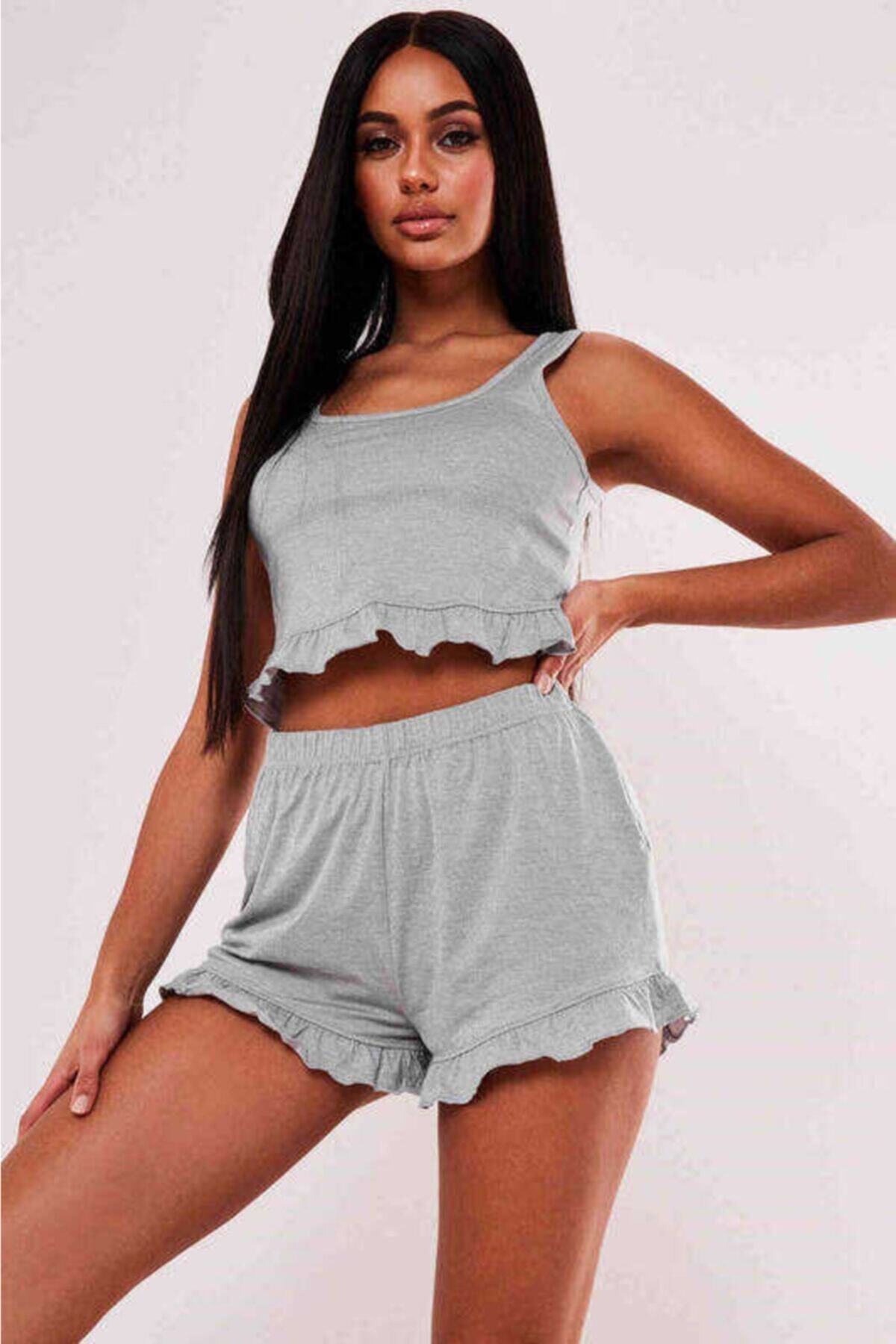 BNC SHOP - Penye Şortlu Alt Üst Pijama Takım Gri - Ms4047