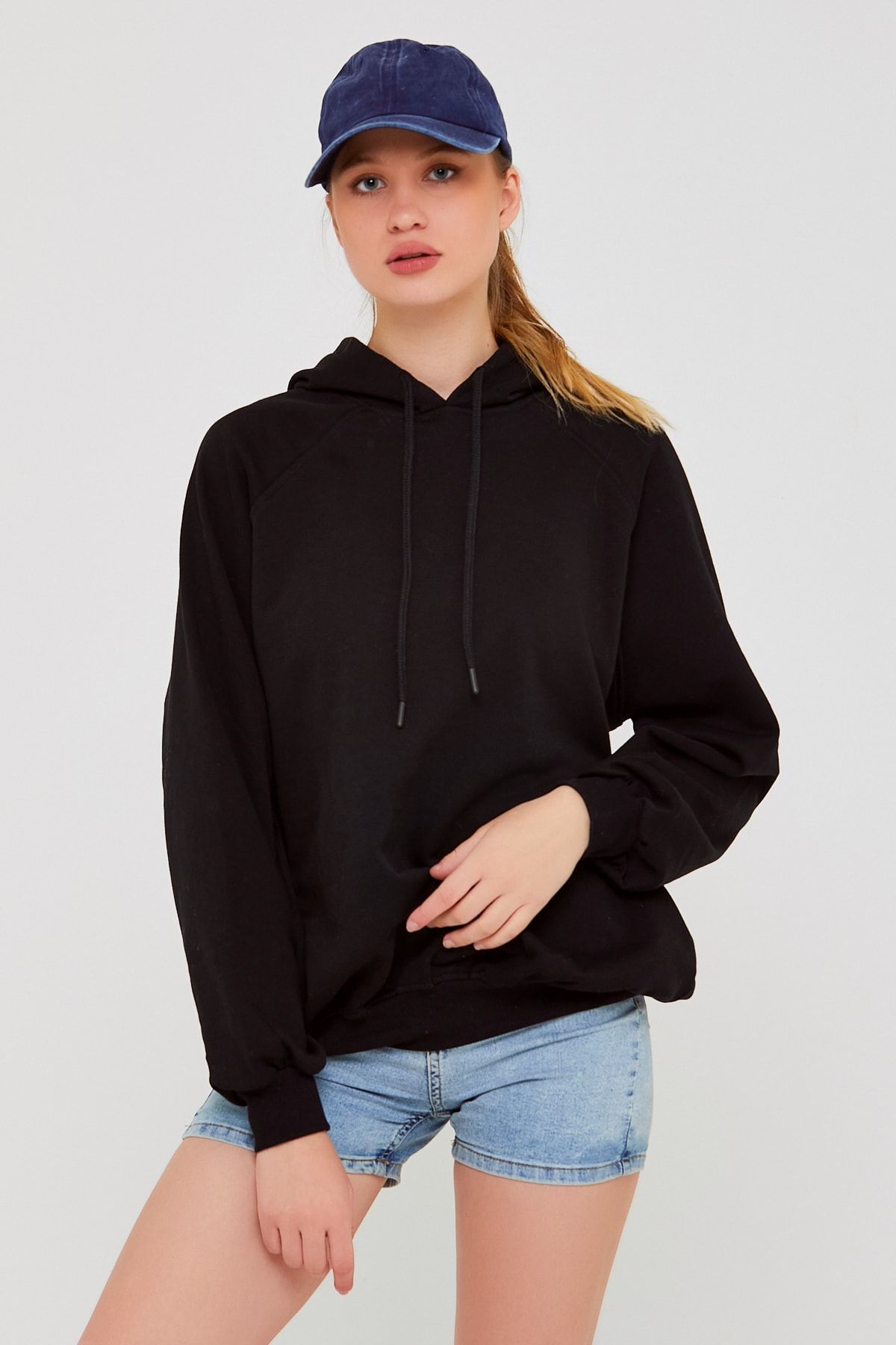 Ecrou Kadın Siyah Reglan Kol 3 Iplik Kapüşonlu Oversize Sweat
