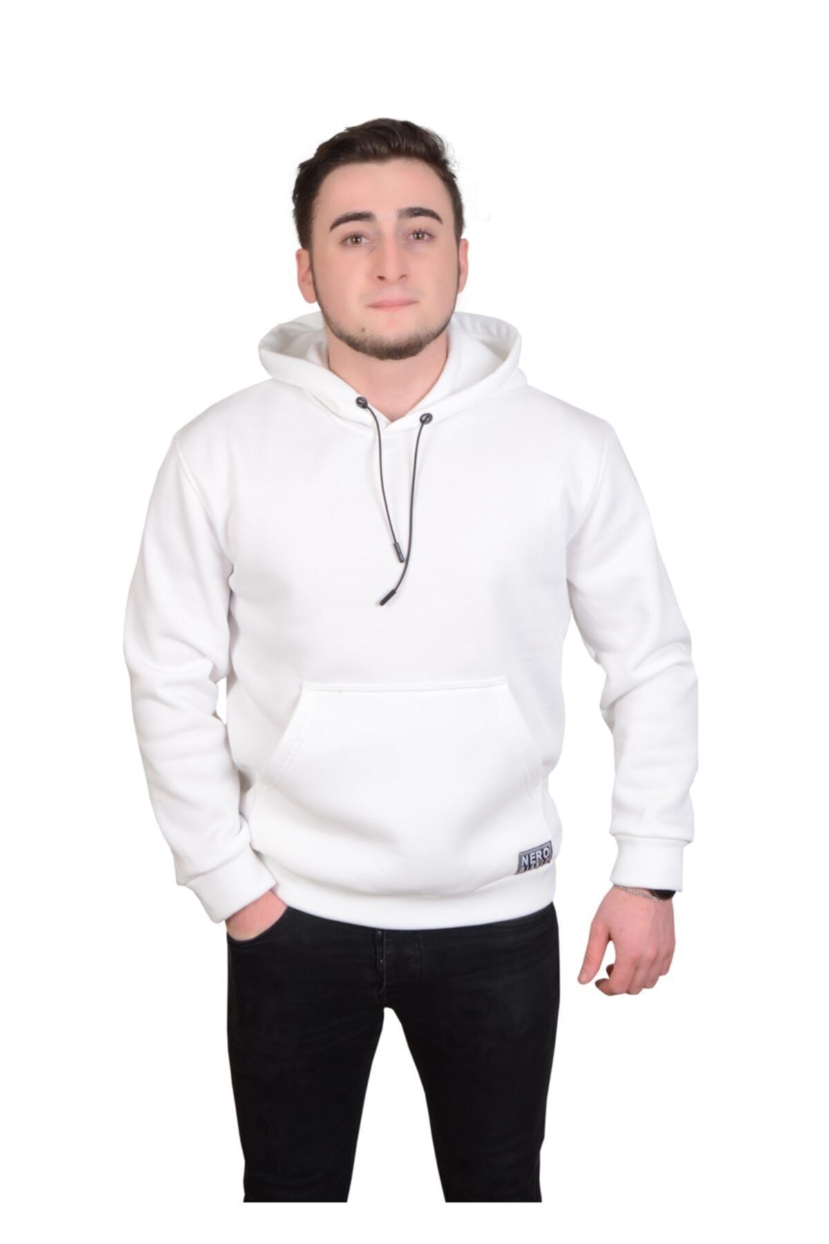 Nero Beyaz Kapüşonlu Oversize Kanguru Cepli Sweatshirt 3 Iplik Şardonlu