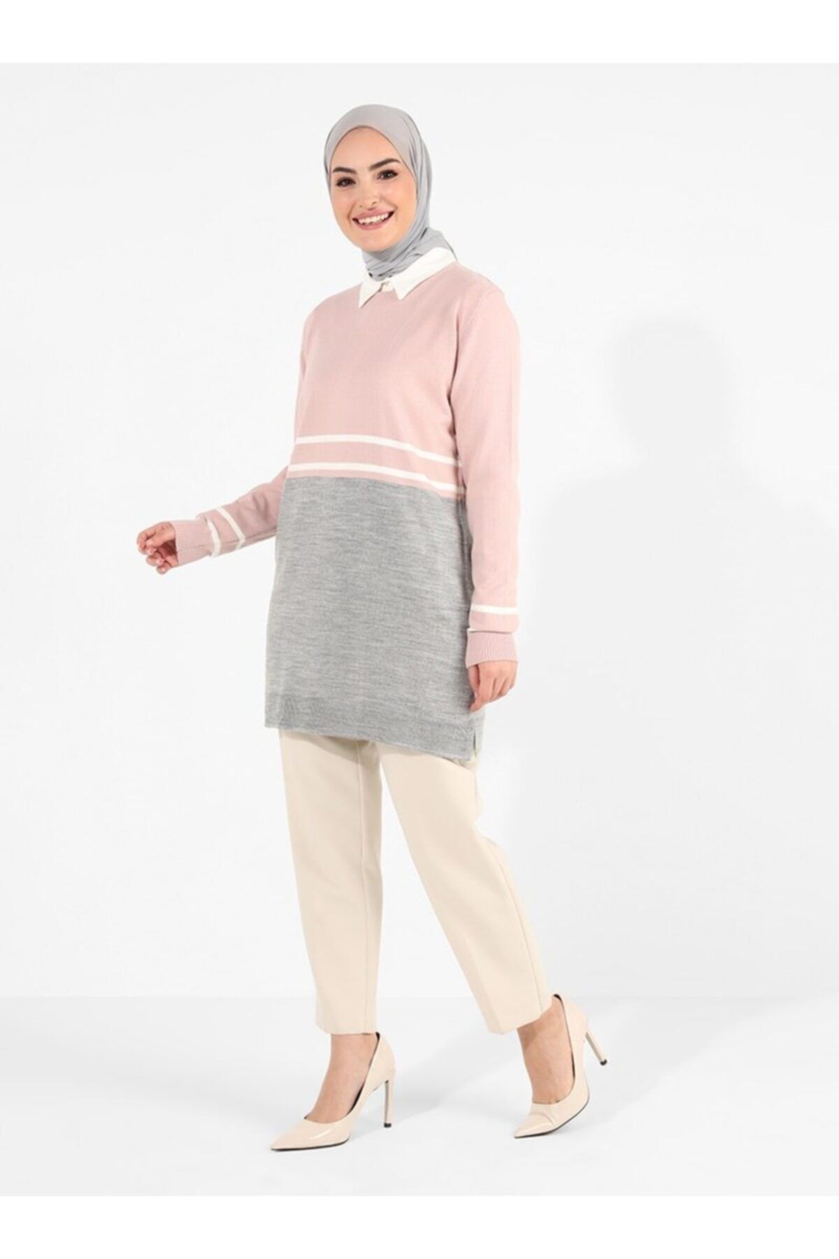Tavin Bisiklet Yaka Renk Detaylı 80cm Triko Tunik - Pudra -
