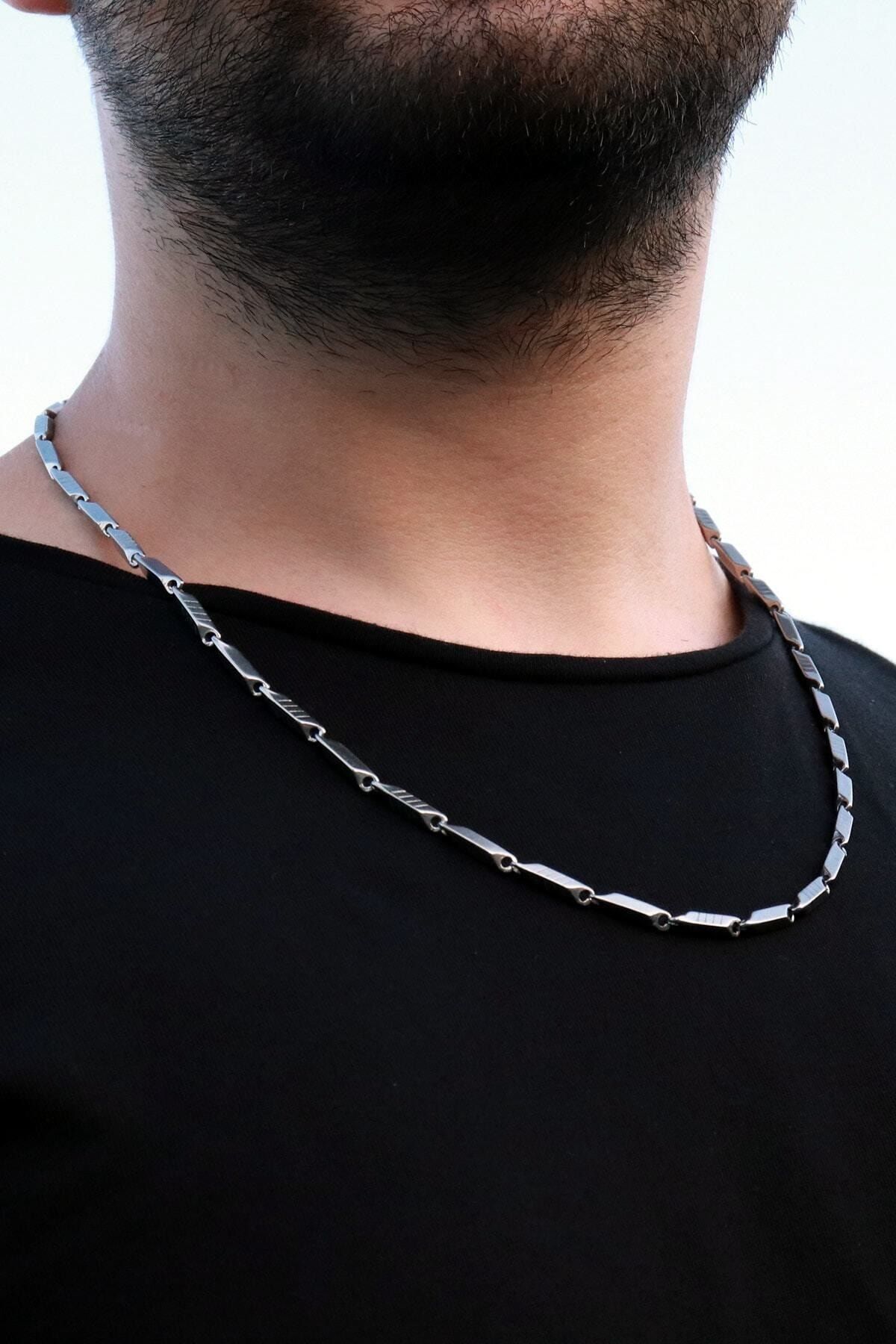 Baykuş Erkek Gri Çizgili Çelik Zincir Kolye