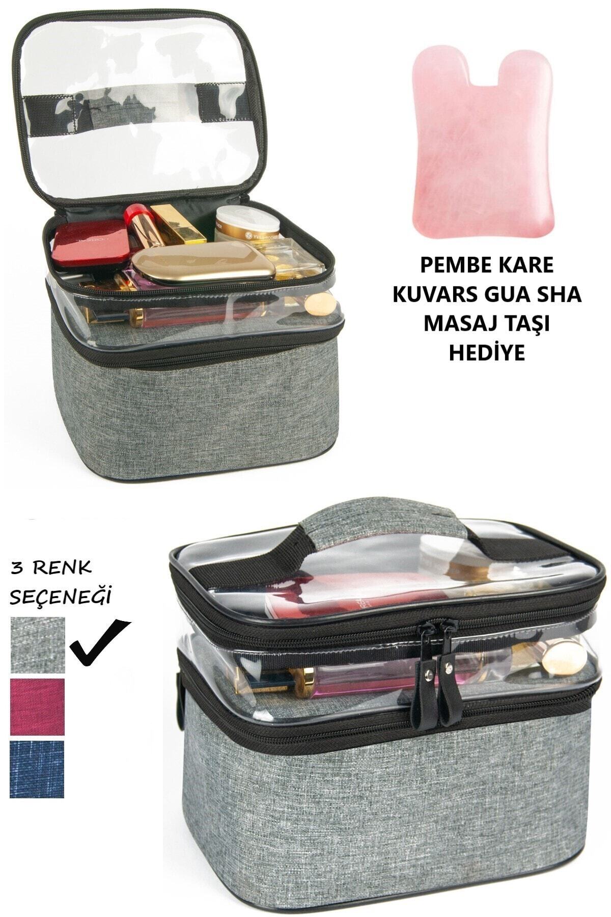 3 Gri Makyaj Çantası Ve Kare Pembe Gua Sha Masaj Taşı, Seyahat Gezi Çantası