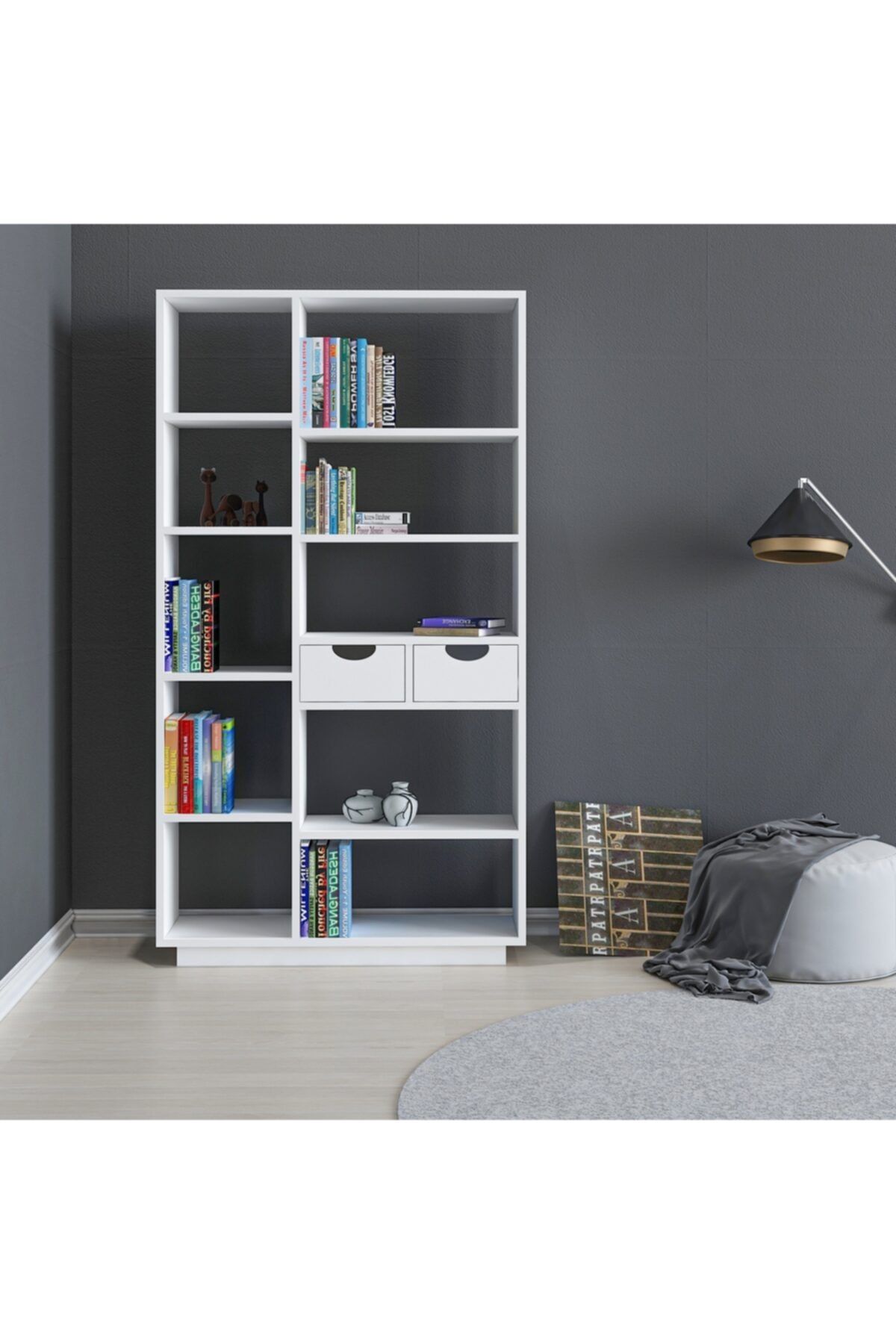 ARNETTİ Luma Kitaplık Beyaz 188,6x80,4x25 Raf Ve Çekmeceli Dekoratif Tasarım Kolay Kurulum