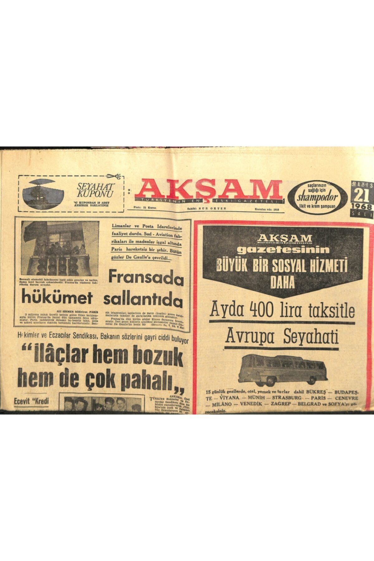 Gökçe Koleksiyon Akşam Gazetesi - 21 Mayıs 1968 - Fransa'da Hükümet Sallantıda