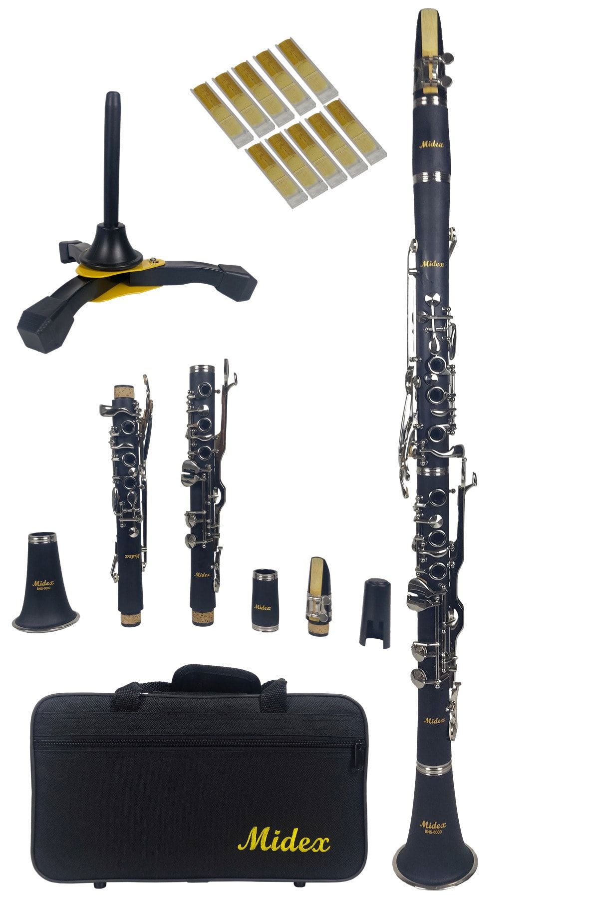 Midex Bns-6000 Pak Set Sol Klarnet 6 Yüzüklü (STAND 10 ADET KAMIŞ FULL AKSESUAR)