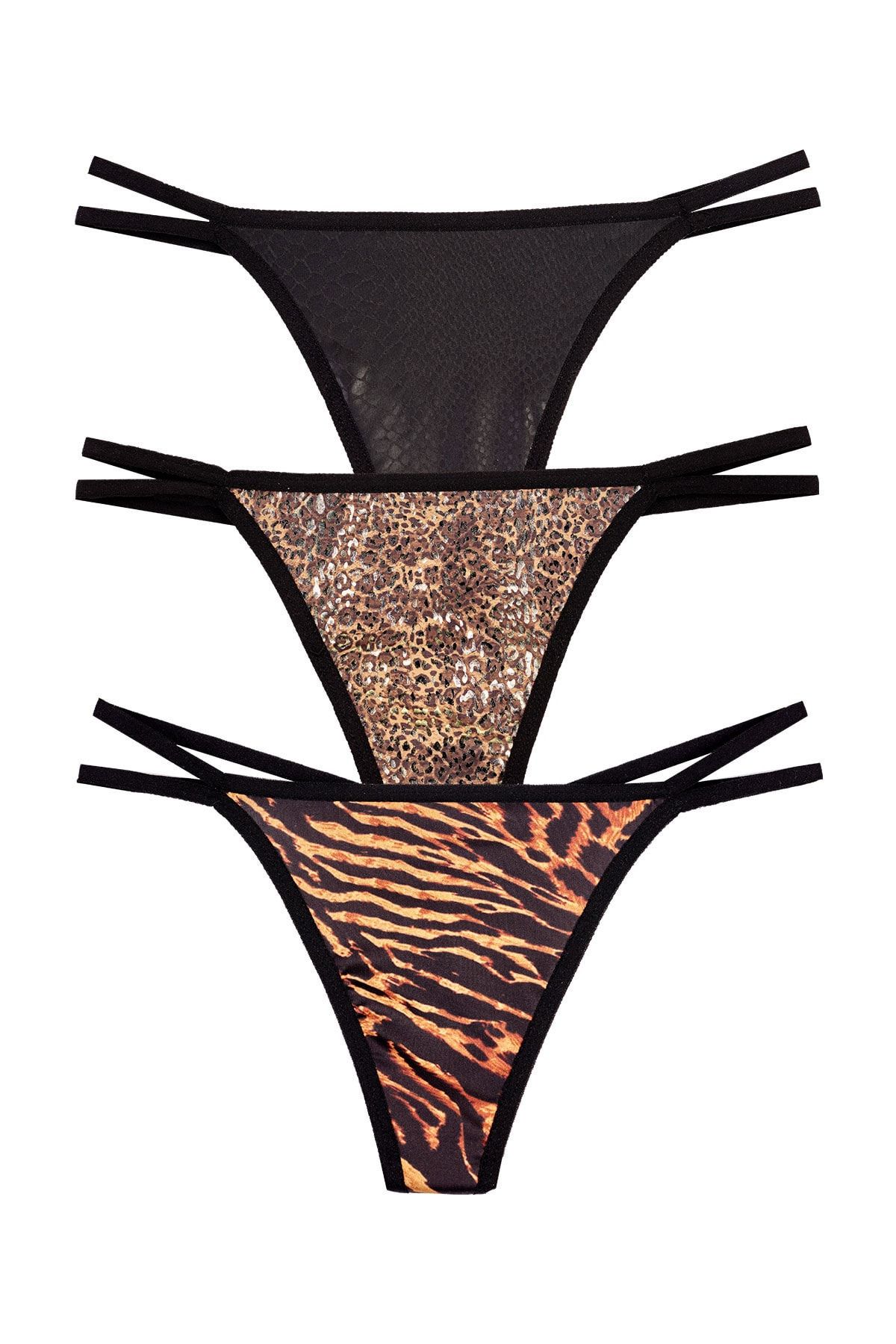 BE MORE Kadın Siyah Thong Leopar Kaplan ve Yılan Vahşi Hayvan Desenli Üçlü Set String