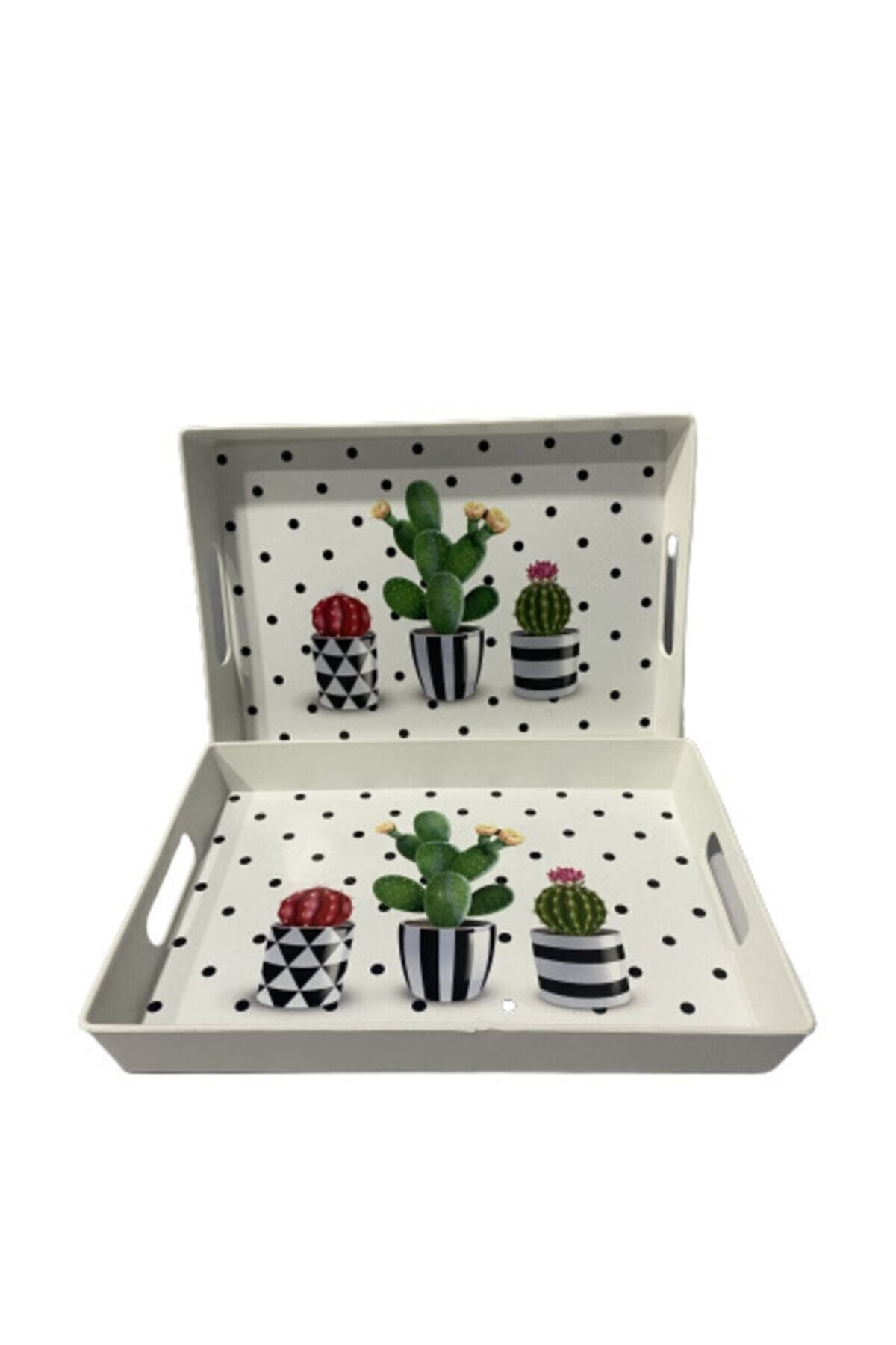 Çavdar Group 2 Adet Plastik Dikdörtgen Desenli Tepsi 30x22 Cm Çay Kahve Servis Tepsi Kaktüs Desen