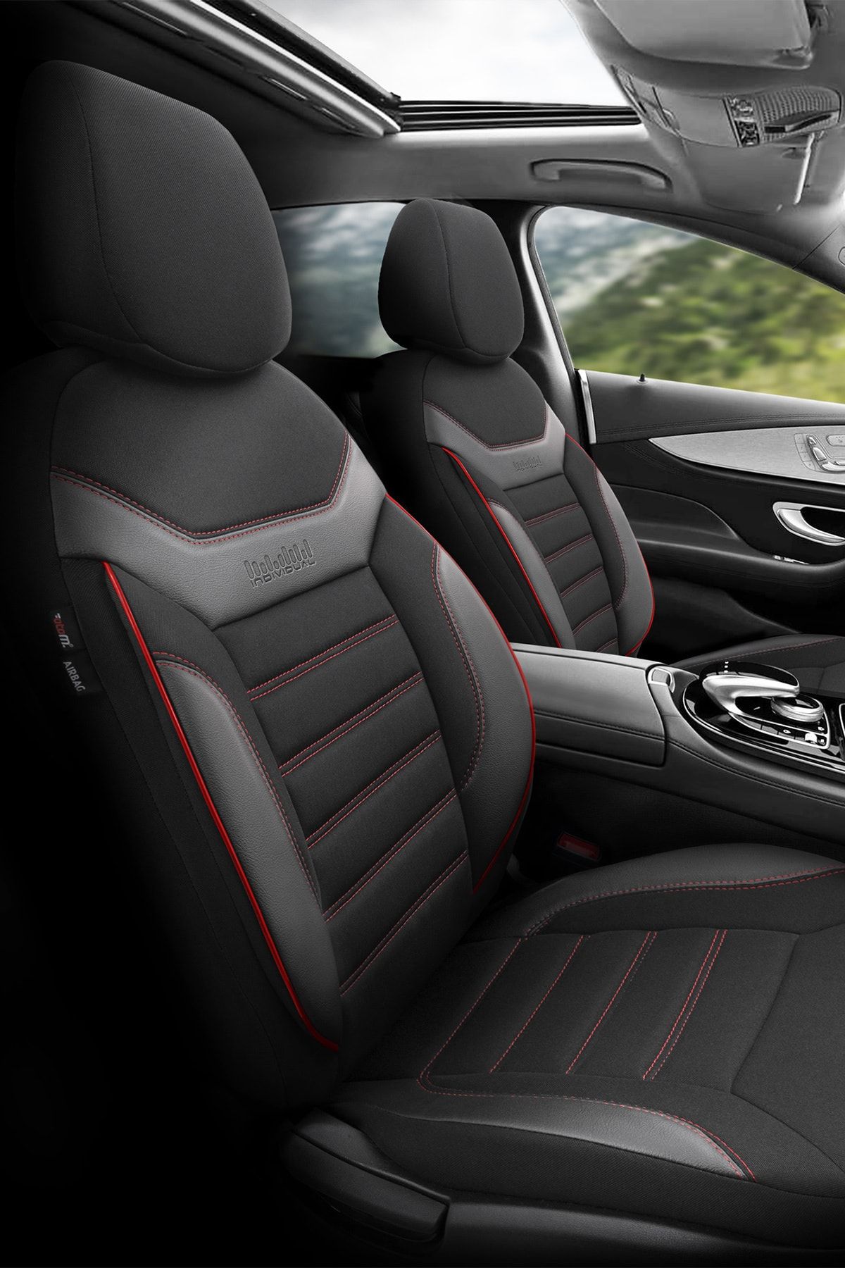 Otom Airbag Dikişli Ortopedik Özel Tasarım Oto Koltuk Kılıfı Tam Set - Individual Design Siyah-kırmızı