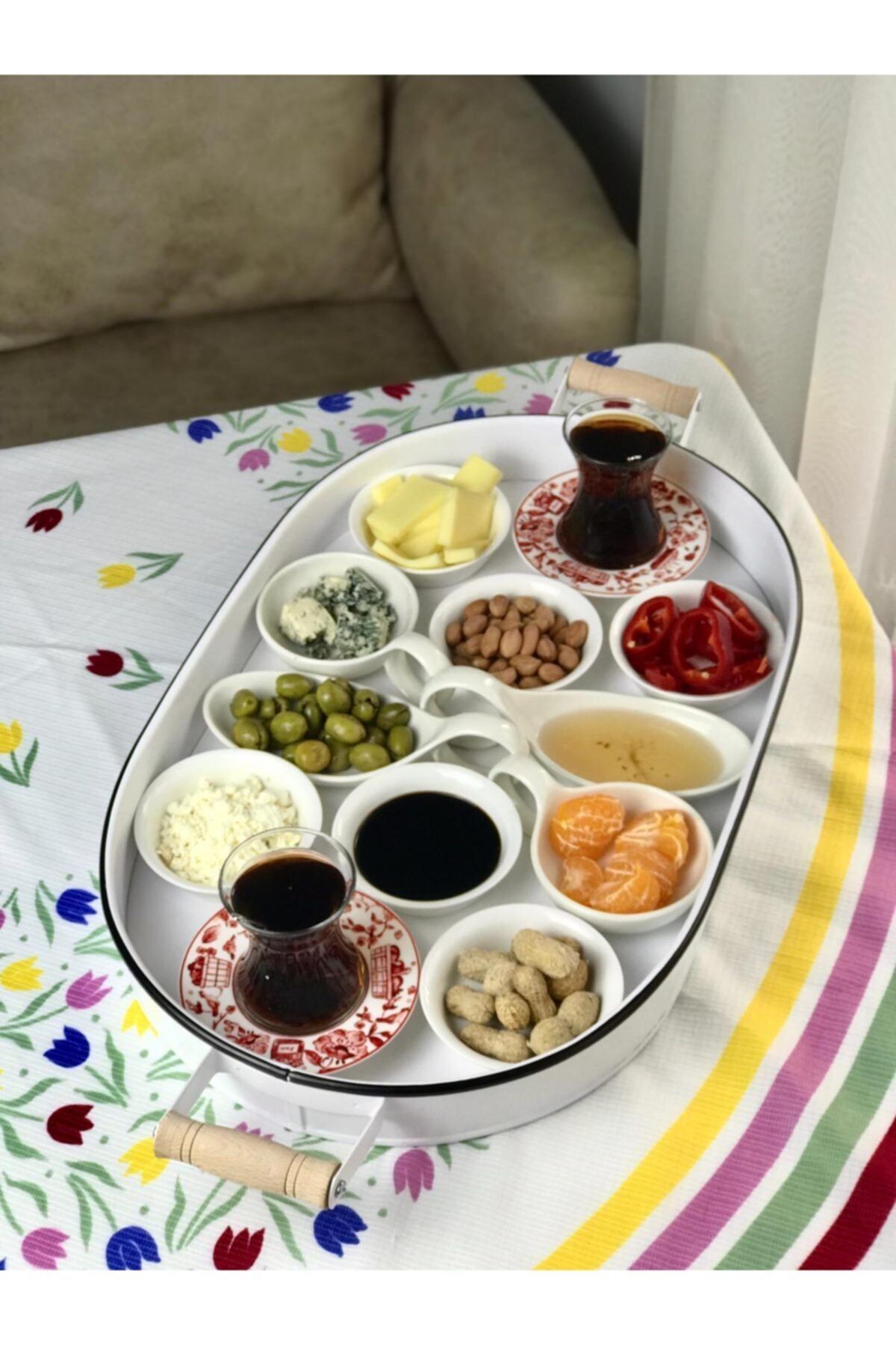 Markimo Home Emaye Ahşap Kulplu Beyaz Siyah Rimli Oval Sunum Ve Servis Tepsisi 48.5cm
