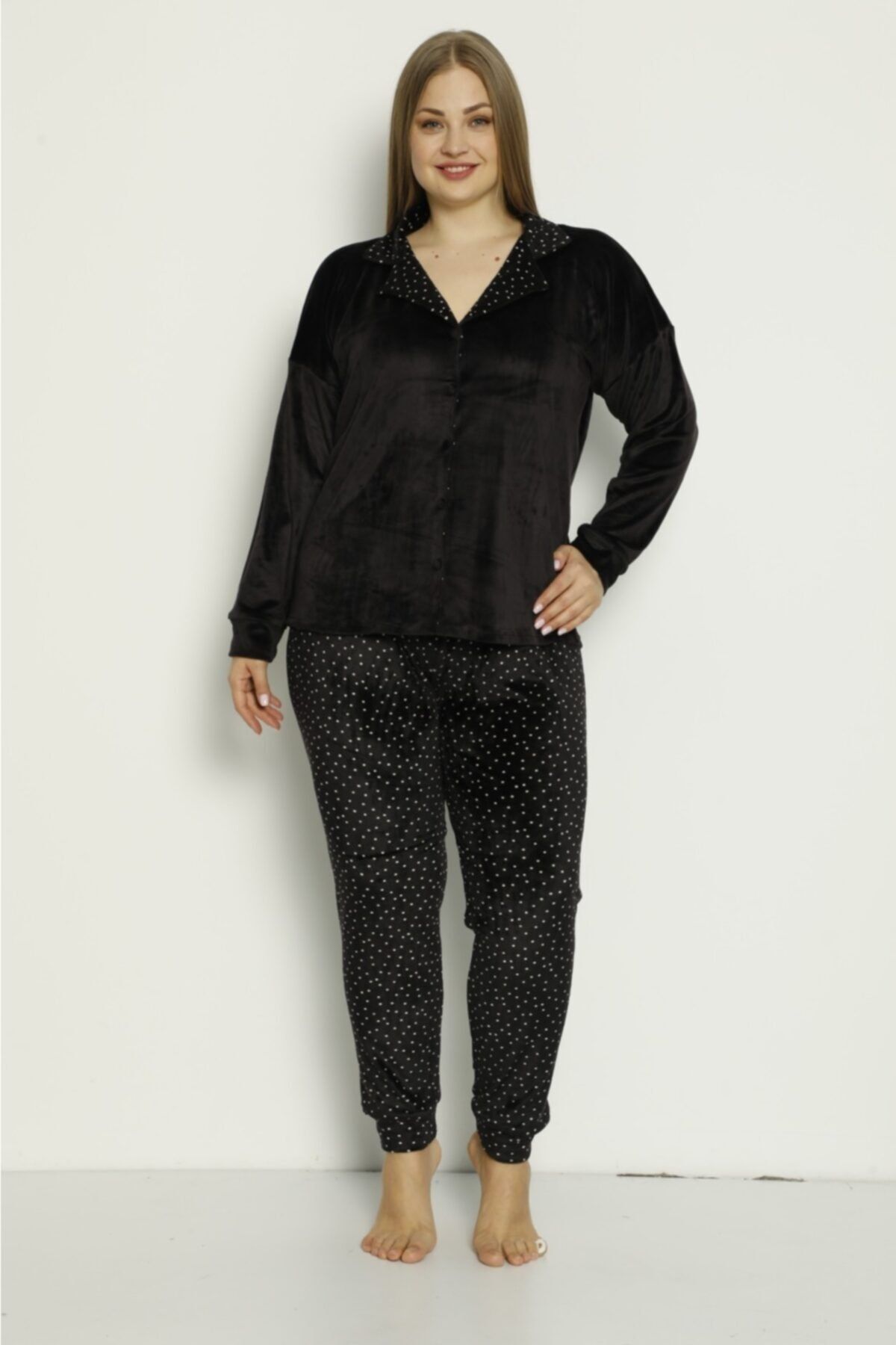 BERİN HOMEWEAR Kadın Büyük Beden Fransız Kadife Önden Düğmeli Pijama Takımı