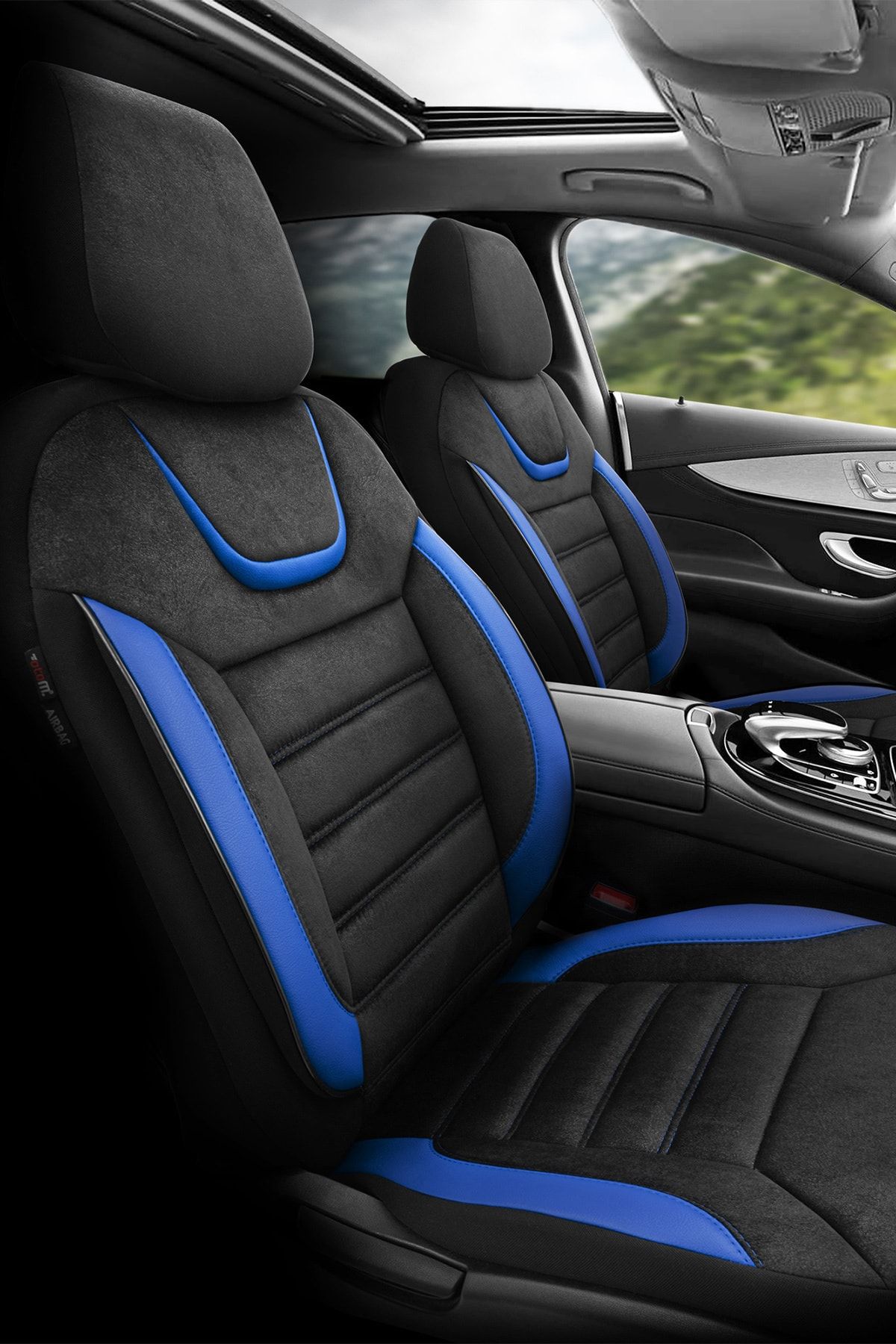 Otom Airbag Dikişli Ortopedik Yüksek Kalite Gerçek Süet Oto Koltuk Kılıfı - Iconic Design Siyah-mavi