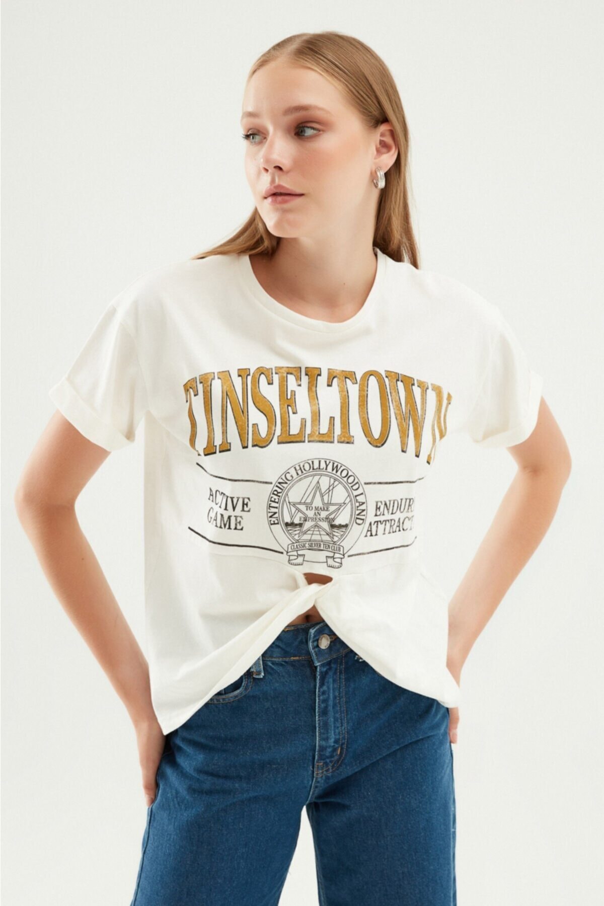 Quzu Dekolteli Baskılı Tişört Olive