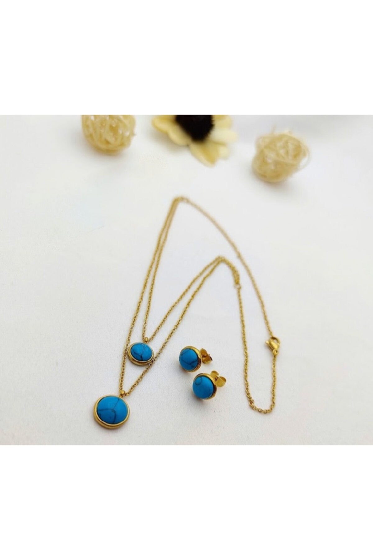 Gigi Jewelleryy Kadın Altın Kaplama Firüze Taşlı Çelik Kolye Ve Küpe Seti