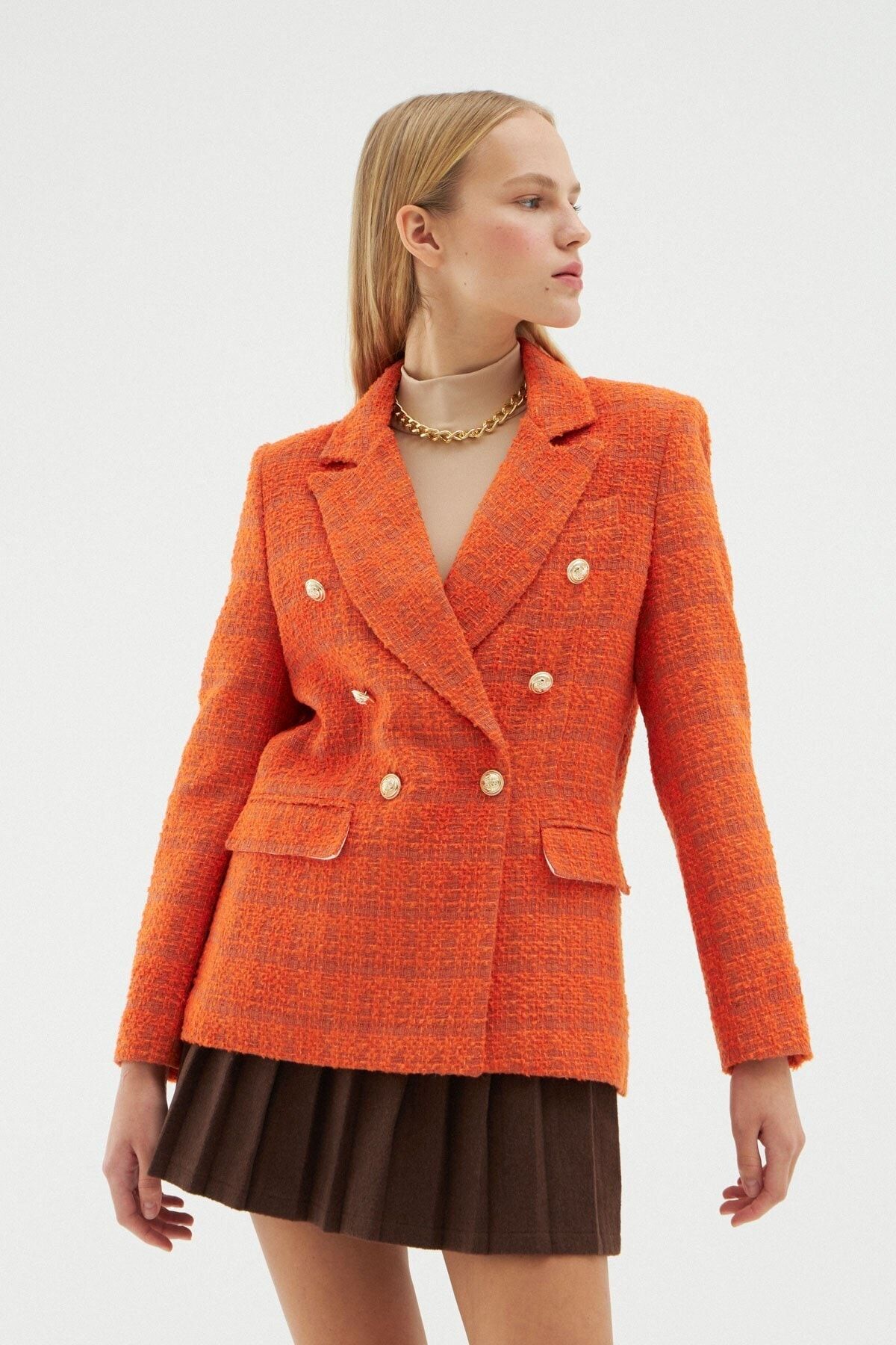 Quzu Kruvaze Tüvit Blazer Ceket Turuncu