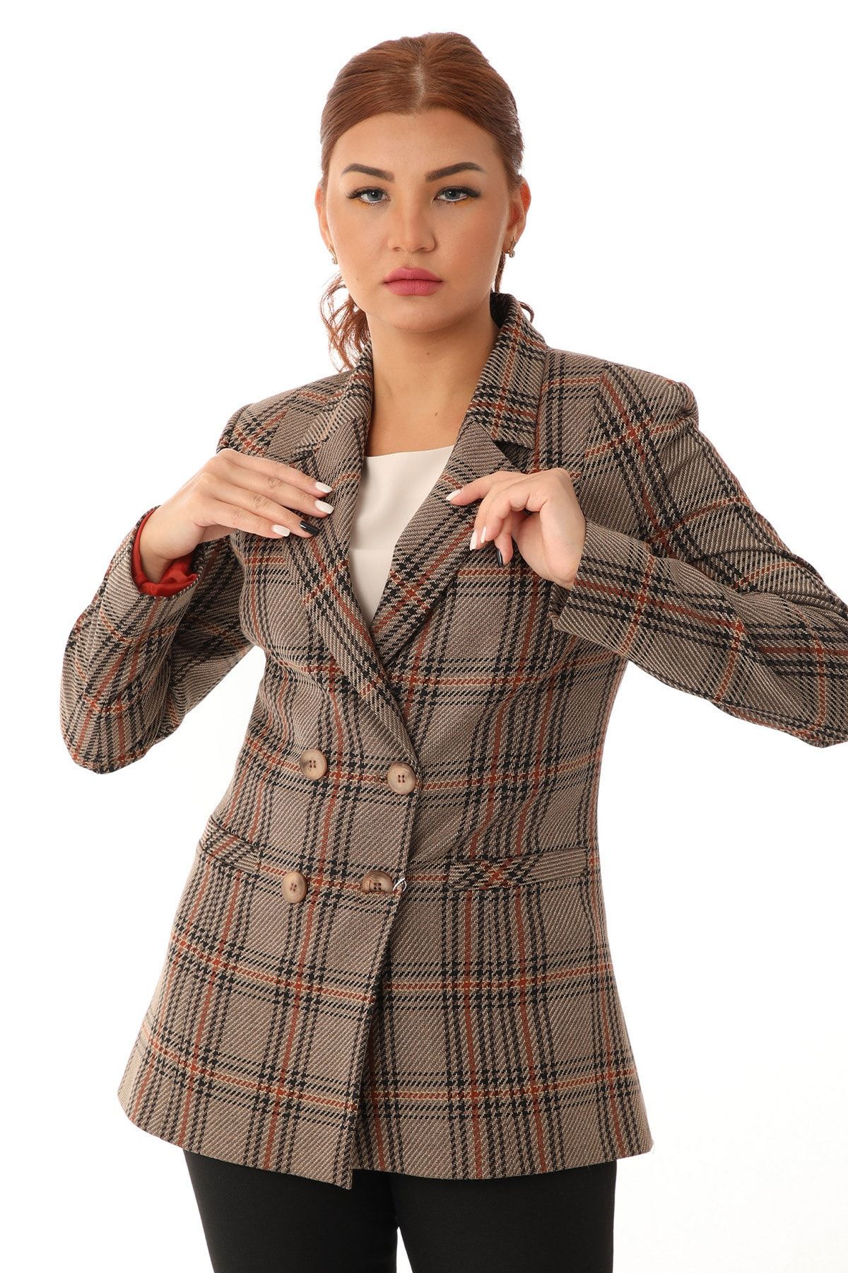 Merkür Kadın Vizon Ekose Blazer Ceket