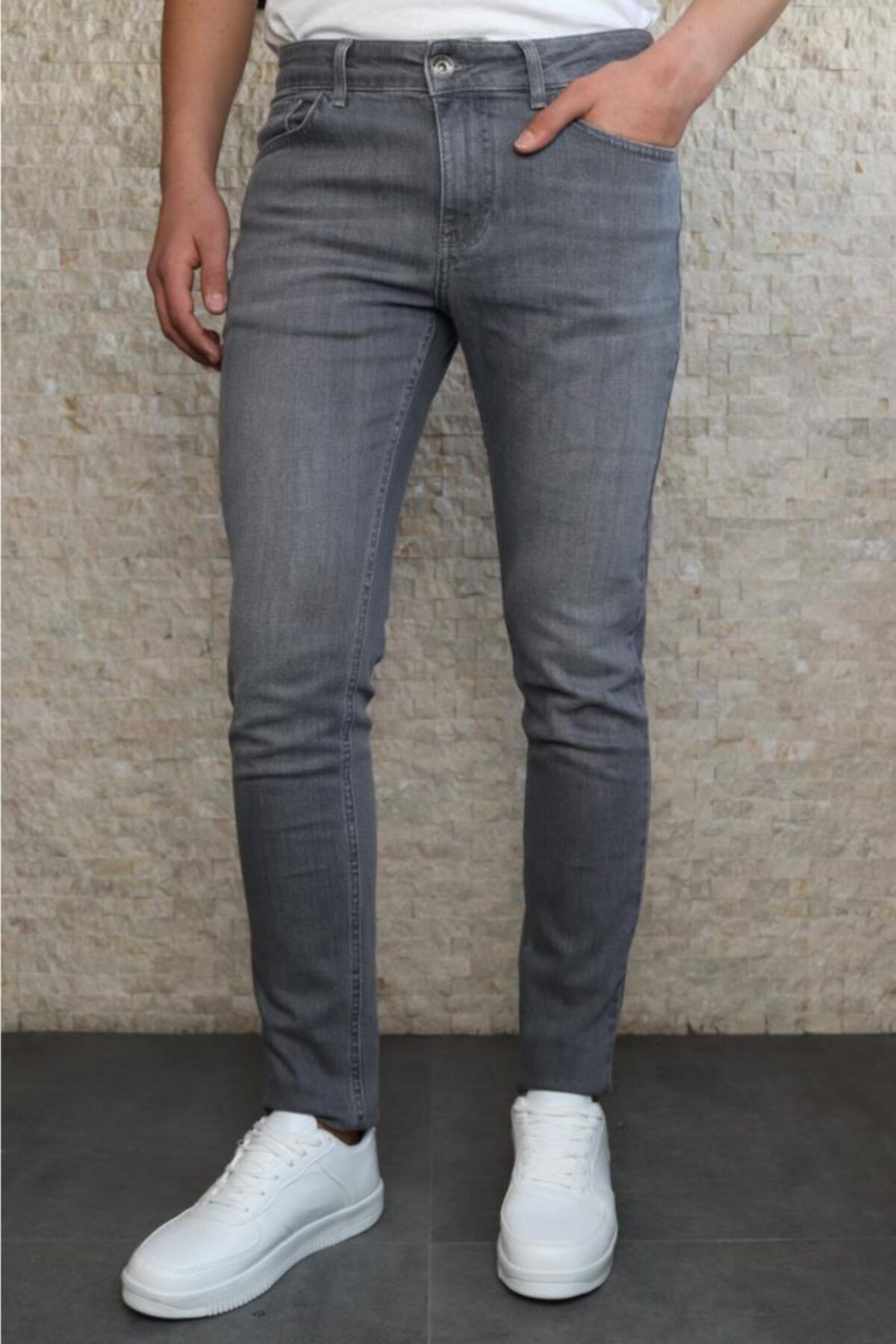 HLT JEANS Erkek Gri Slim Fit Taşlamalı Kot Pantolon Hlthe001942