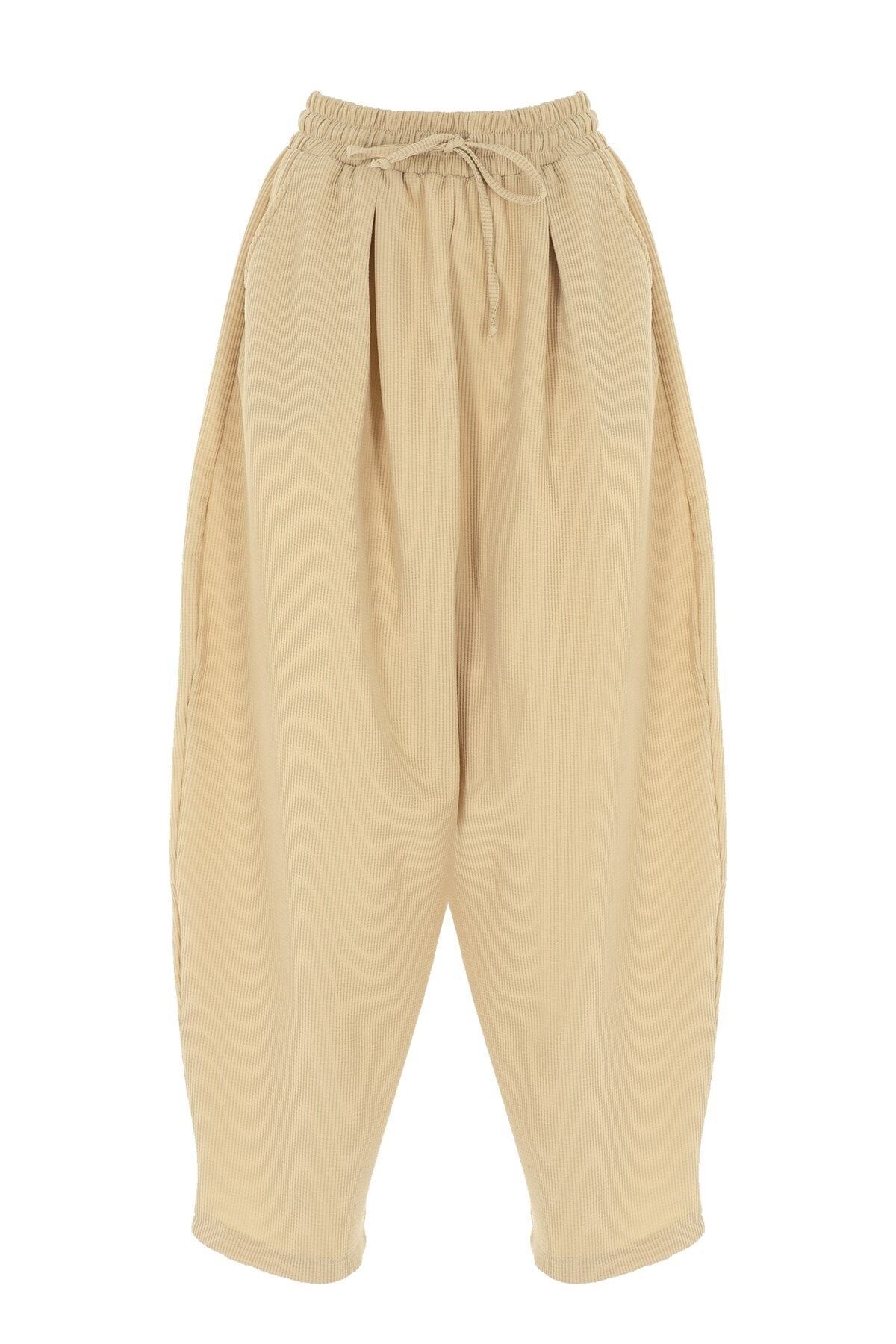 Quzu Beli Lastikli Pantolon Bej