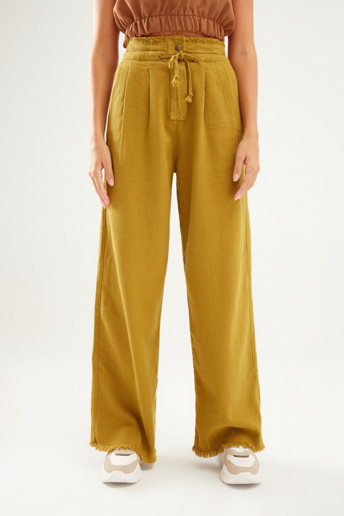 Quzu Bağlamalı Gabardin Bol Pantolon Olive
