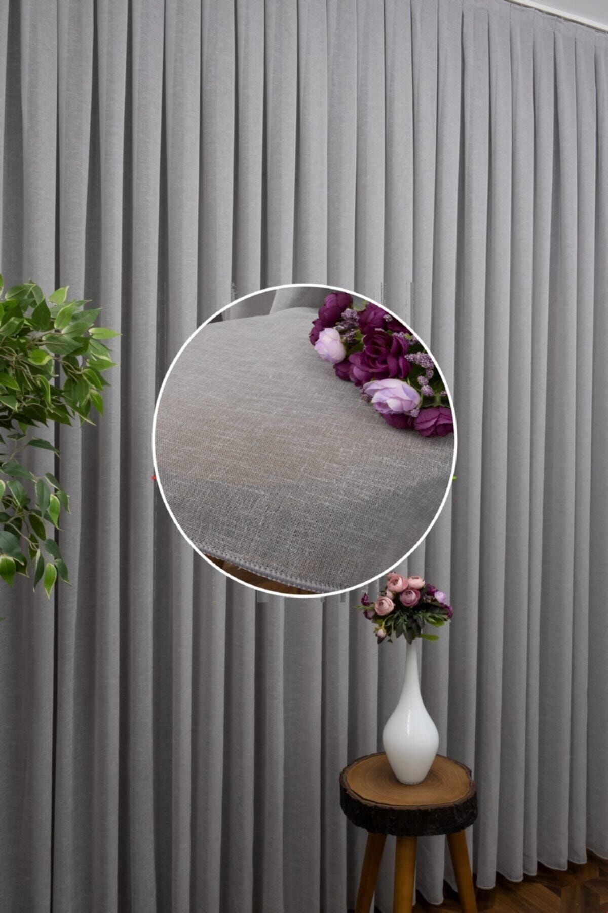 perfect curtain Gri Natural Keten Tül Perde, Pilesiz Düz Dikiş 1.kalite