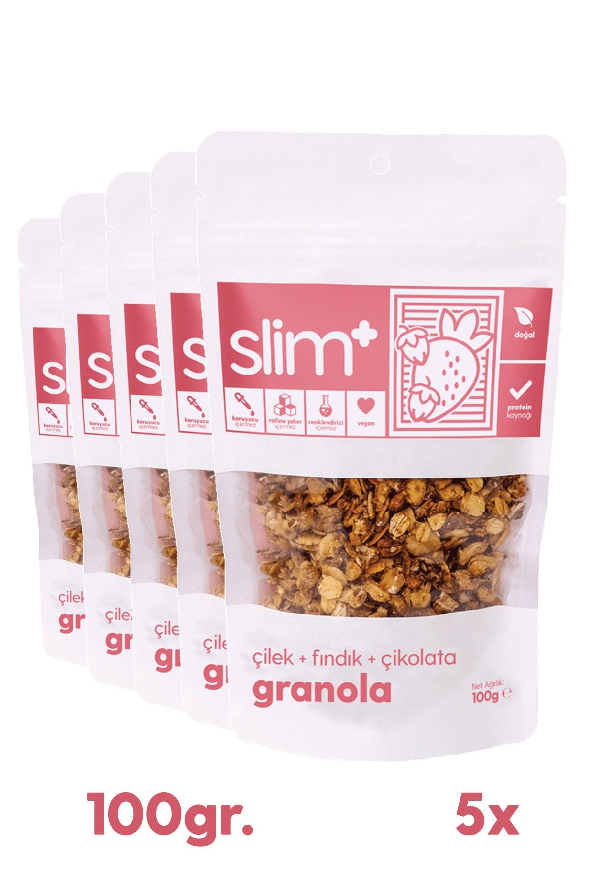 slimplus 5'li Paket Çikolata Çilek Fındık Granola 100gr