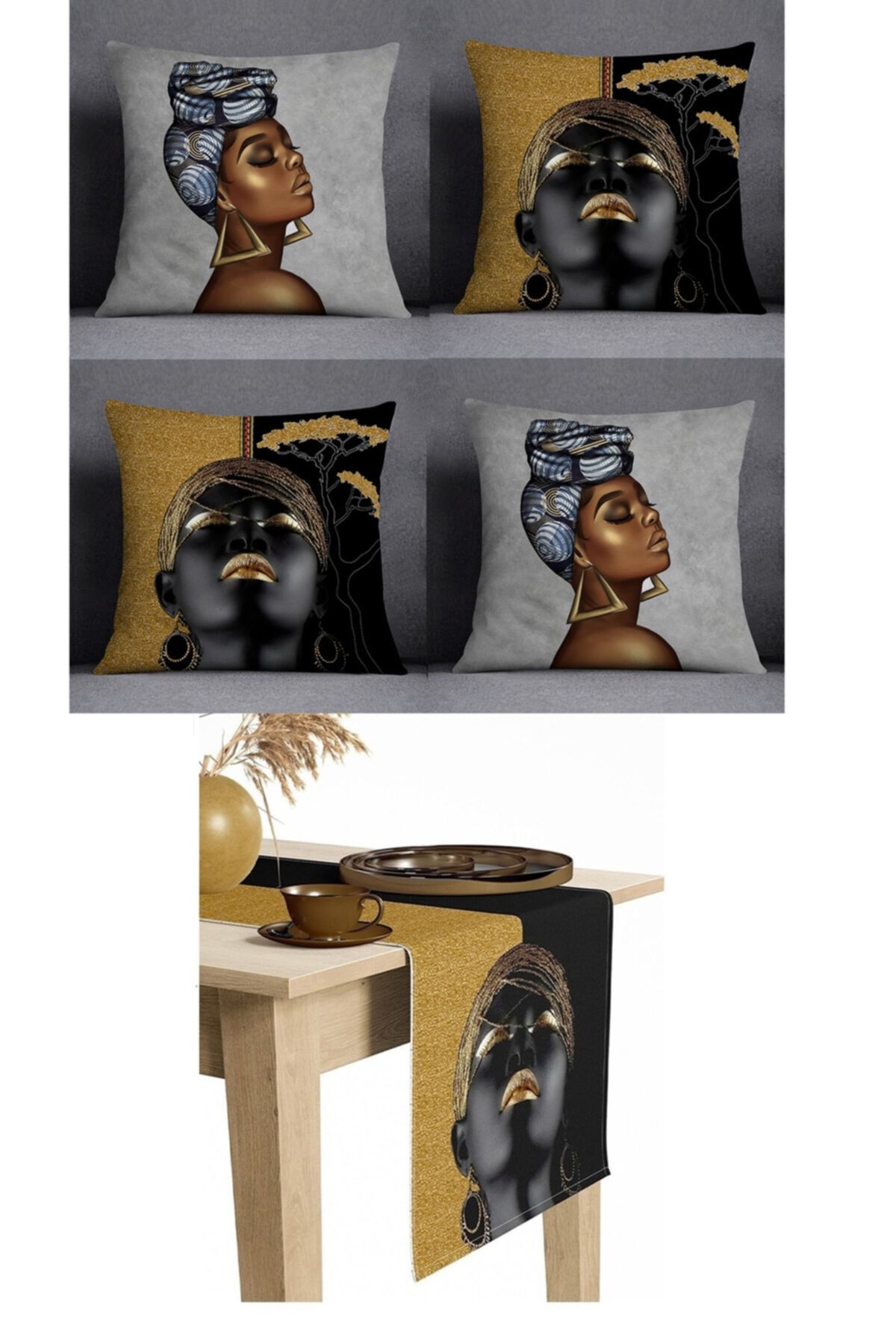 cavahome Dekoratif 4'lü African Desenli Kırlent Yastık Kılıfı Ve Runner Masa Örtüsü Seti