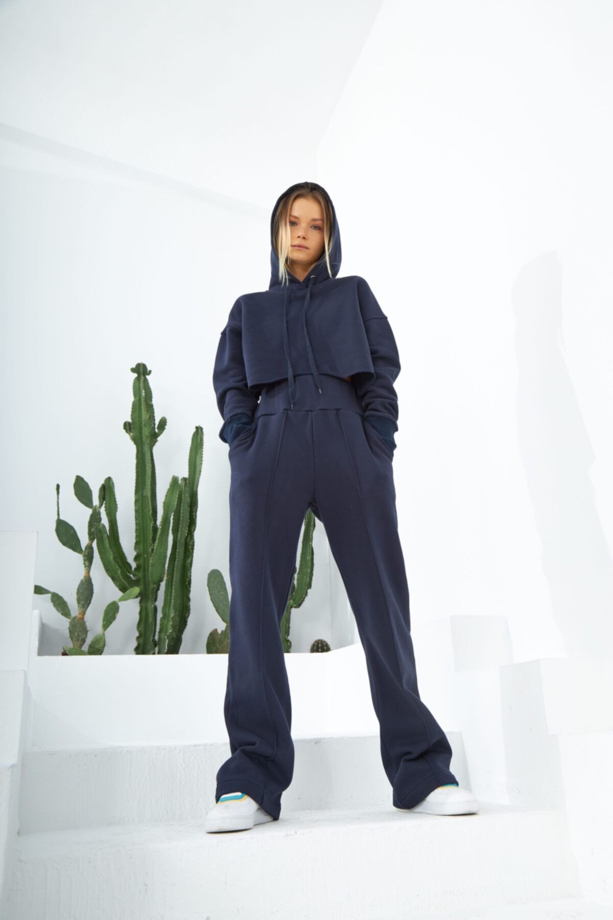 EVAMORE Tswp Lacivert Önden Dikişli Yüksek Bel Detaylı Geniş Kesim Sweatpant