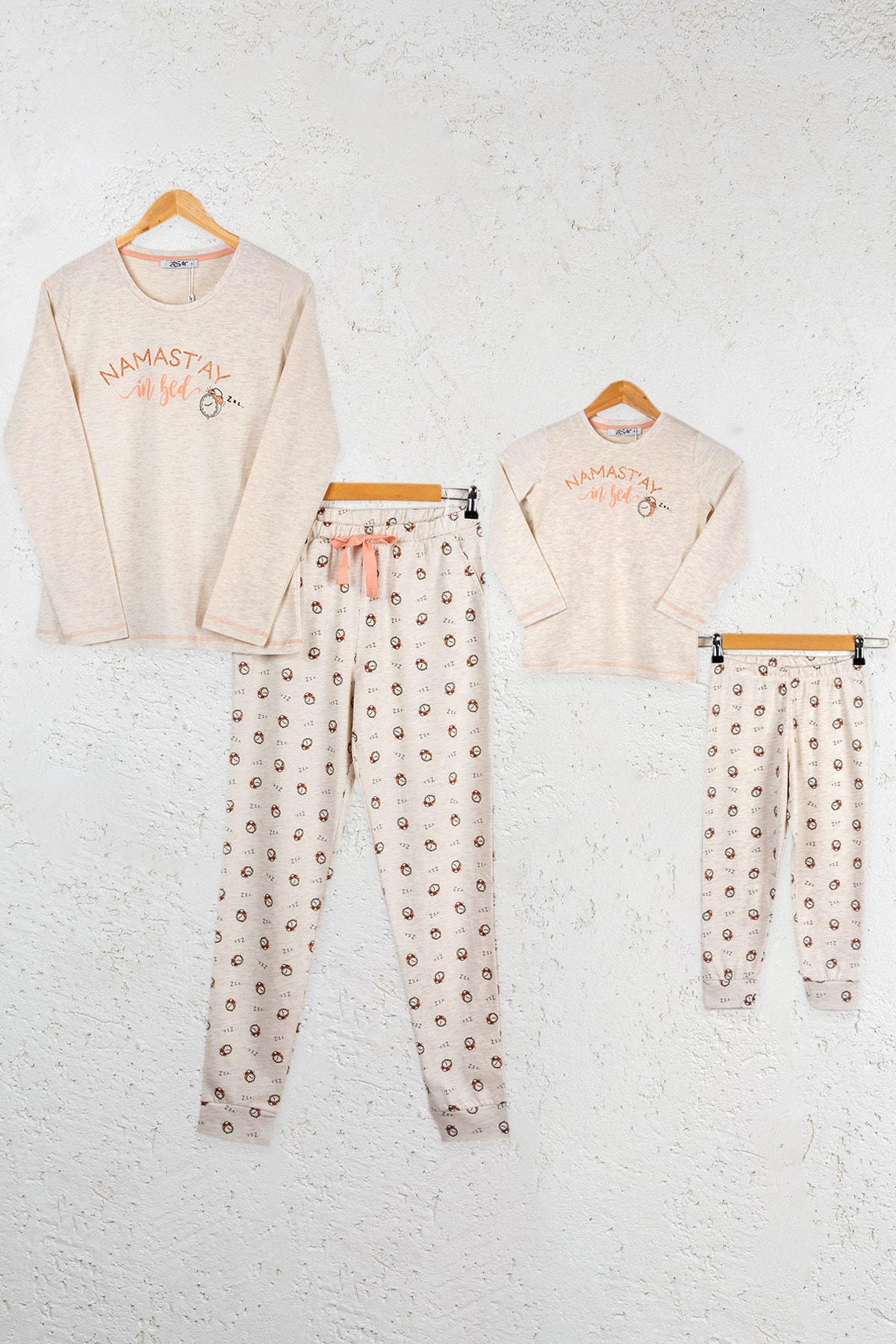 BSM Kadın Kız Çocuk Bej Pamuk Yüksek Kalite Uzun Kollu Pijama Takımı