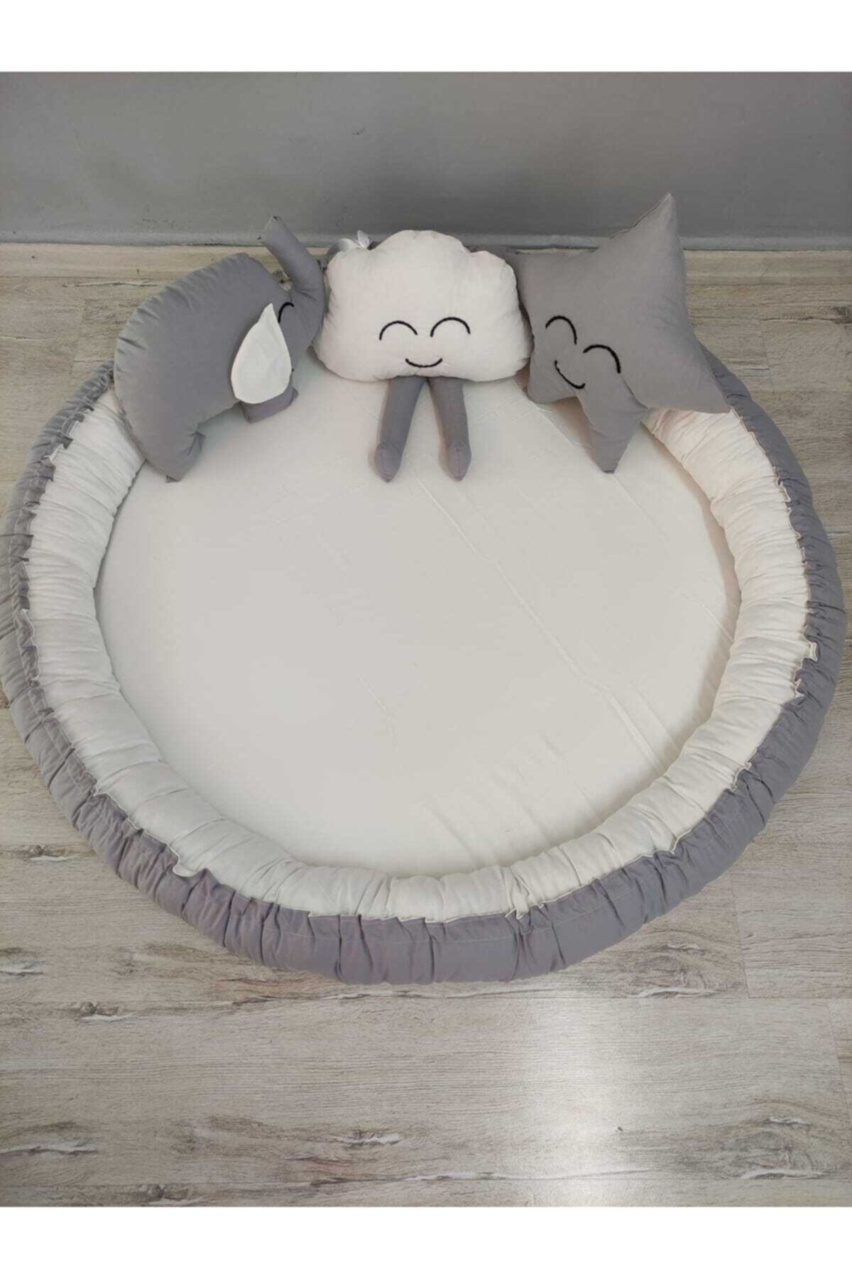 BABYNEST SEPETi Gri Ve Krem Tasarım Babynest Oyun Alanı Bulut Yastık, Fil Yastık, Yıldız Yastık