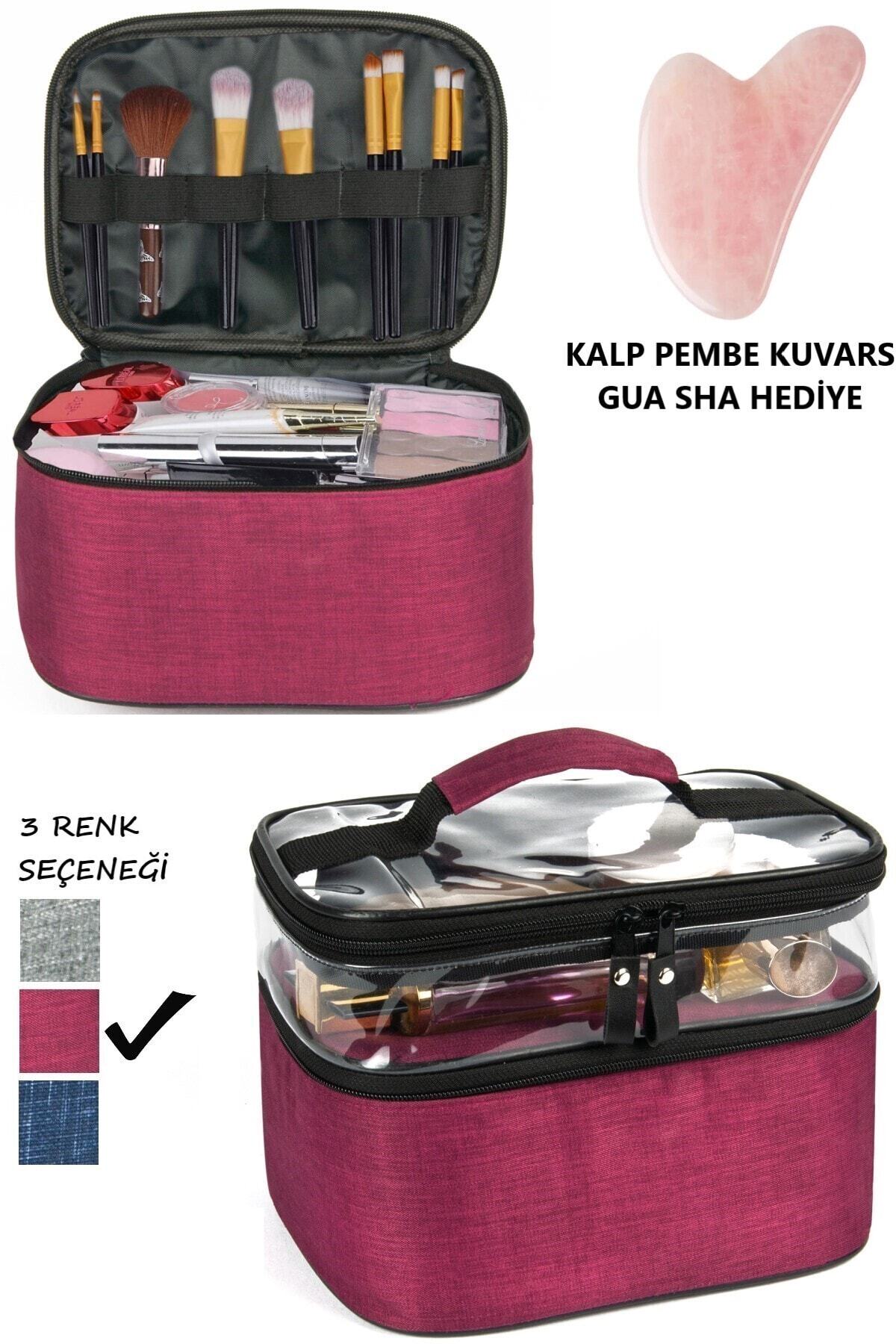 3 Mor Makyaj Çantası Ve Kalp Pembe Gua Sha Masaj Taşı, Seyahat Gezi Çantası