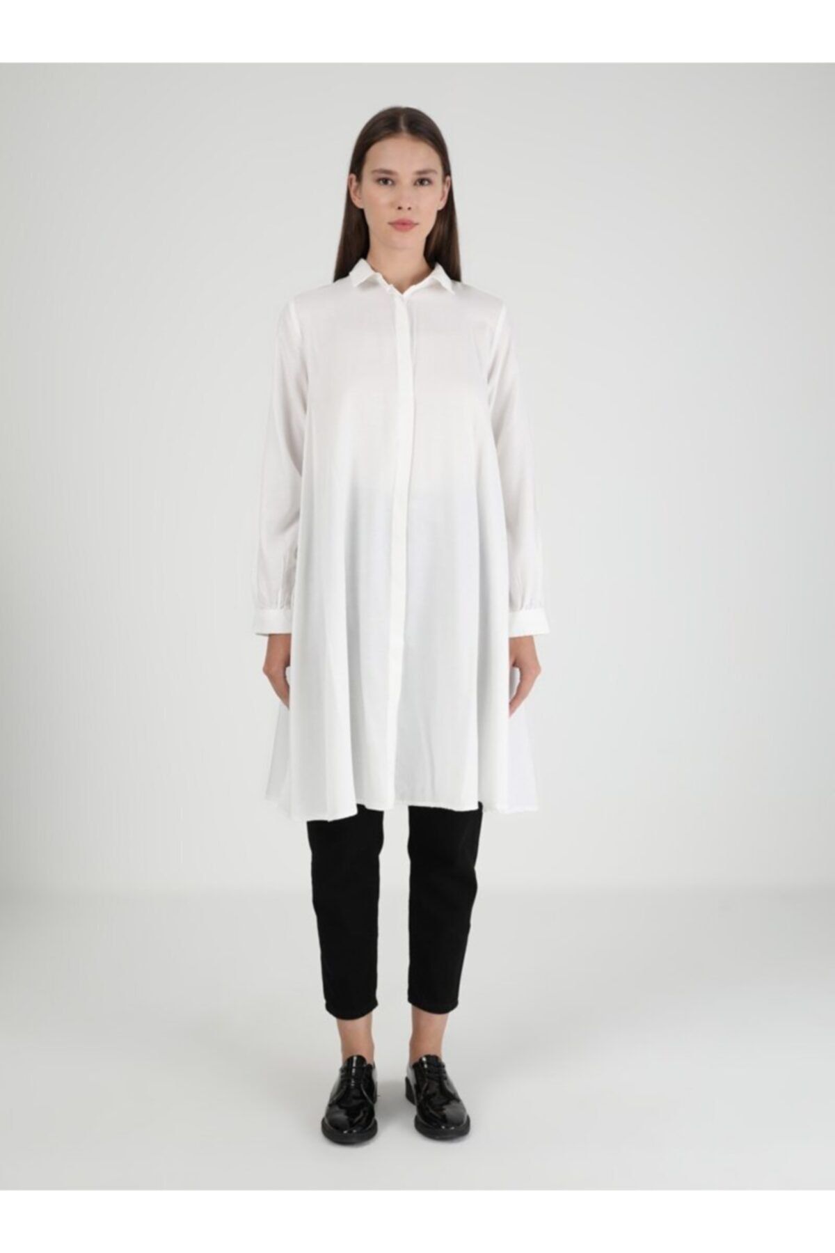 Refka Gizli Patlı Oversize Doğal Kumaşlı Tunik Beyaz Casual