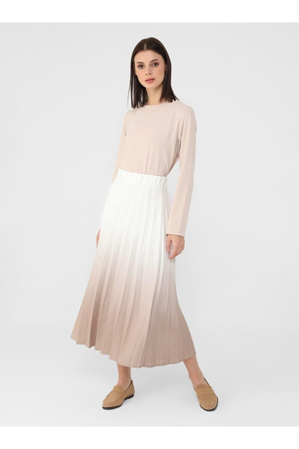 Refka Degrade Baskılı Piliseli Etek - Off White Koyu Bej - Casual