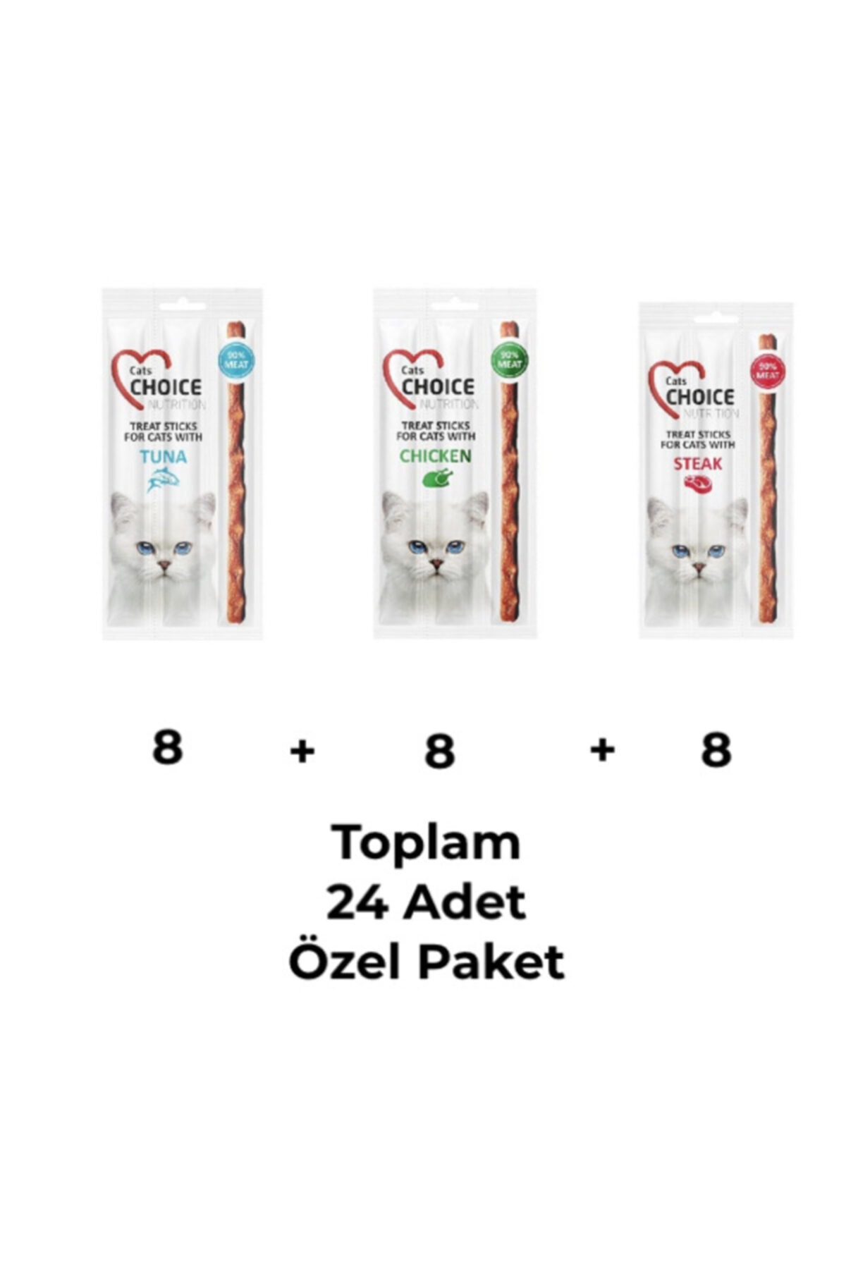 Cats Choice Biftekli + Ton Balıklı + Tavuklu Kedi Ödül Maması 3x15 Gr (24 Adet)