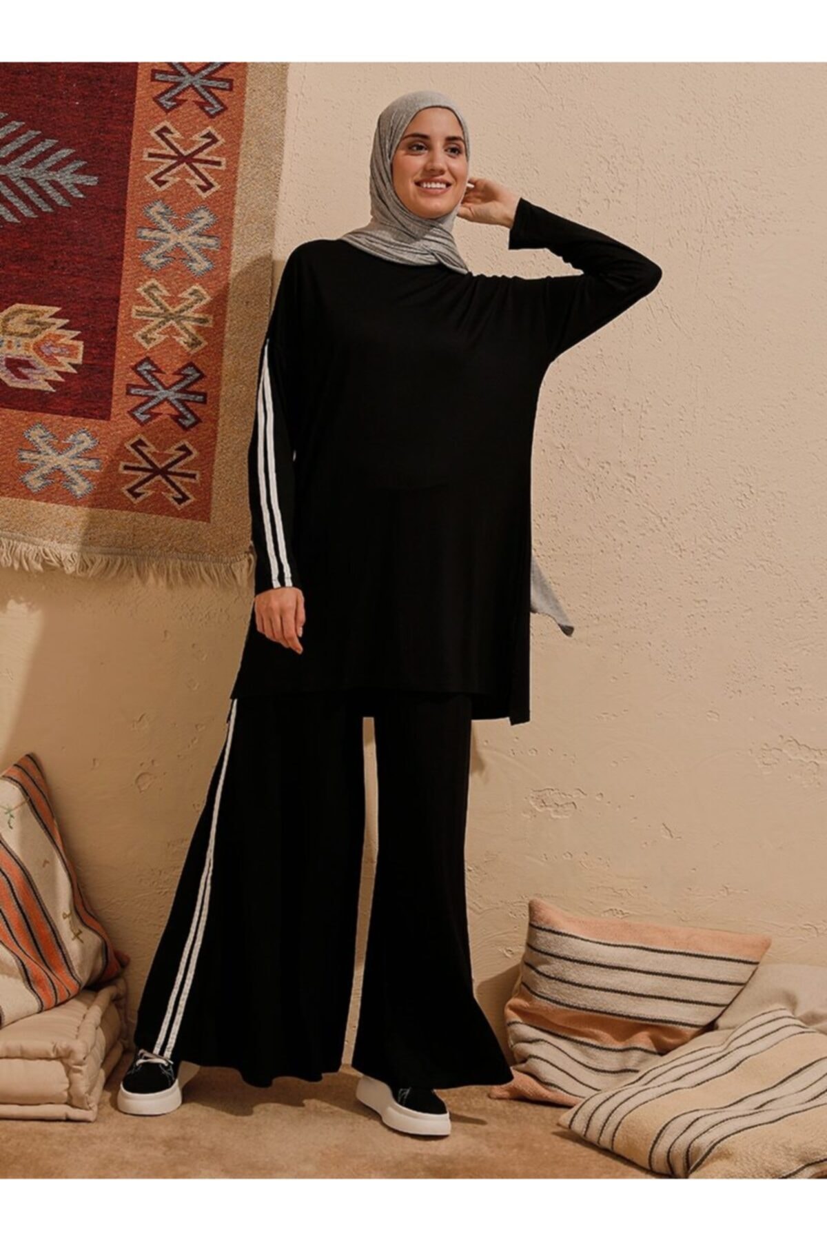 Refka Doğal Kumaşlı Tunik Pantolon İkili Takım - Siyah - Basic
