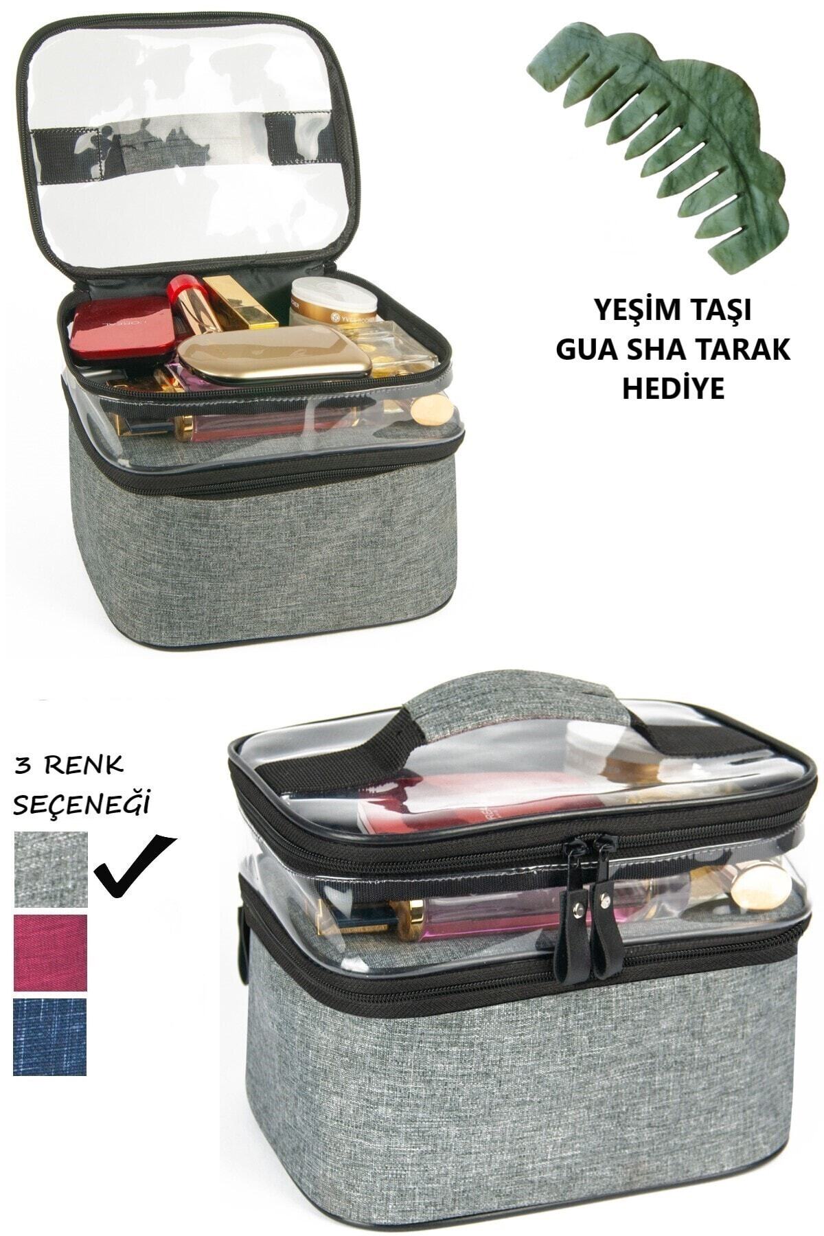 3 Gri Makyaj Çantası Ve Yeşim Taşı Tarak Gua Sha Masaj Taşı, Seyahat Gezi Çantası