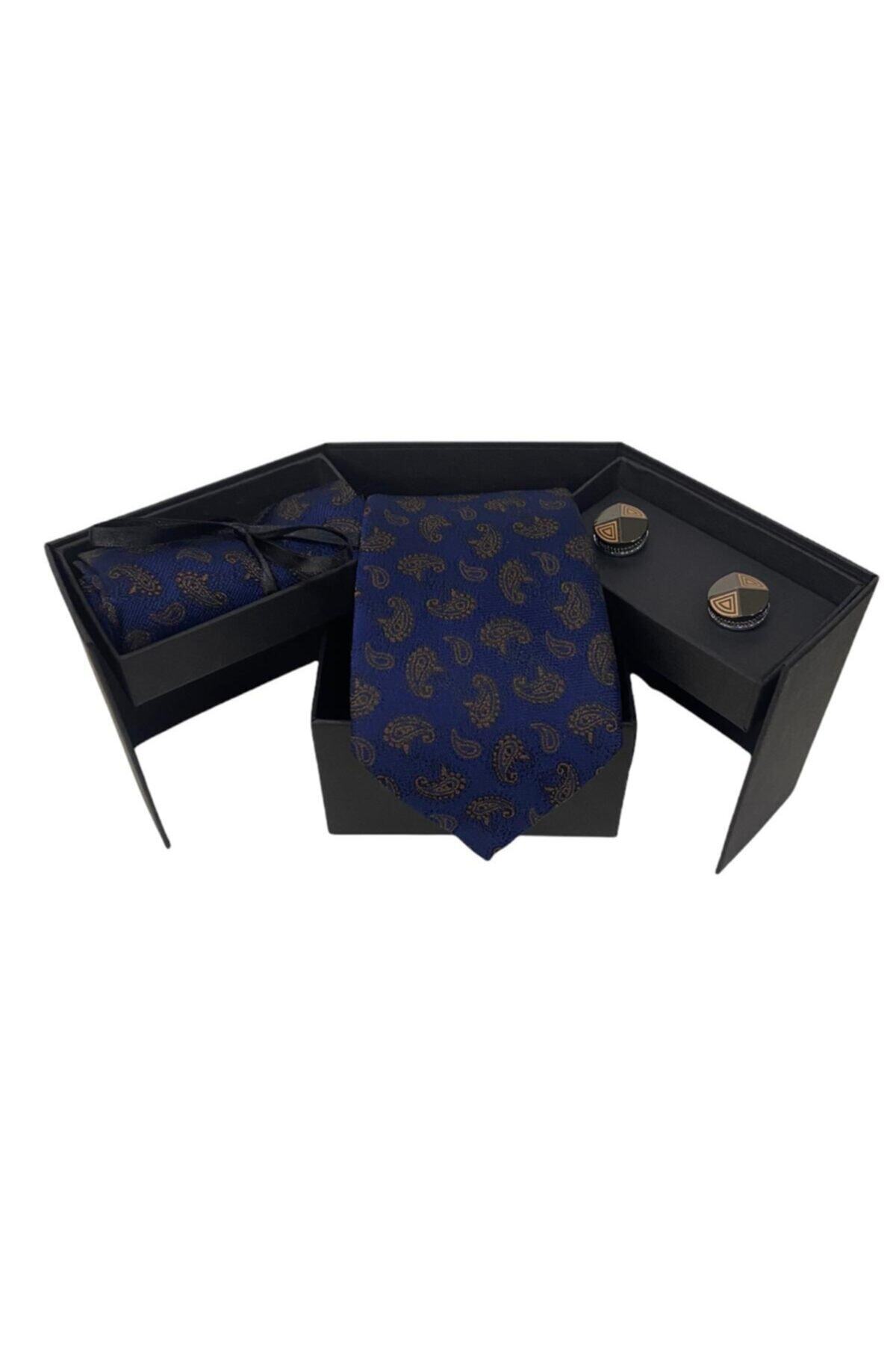 Sarar Lacivert Desenli Kravat Mendil Kol Düğmesi Set