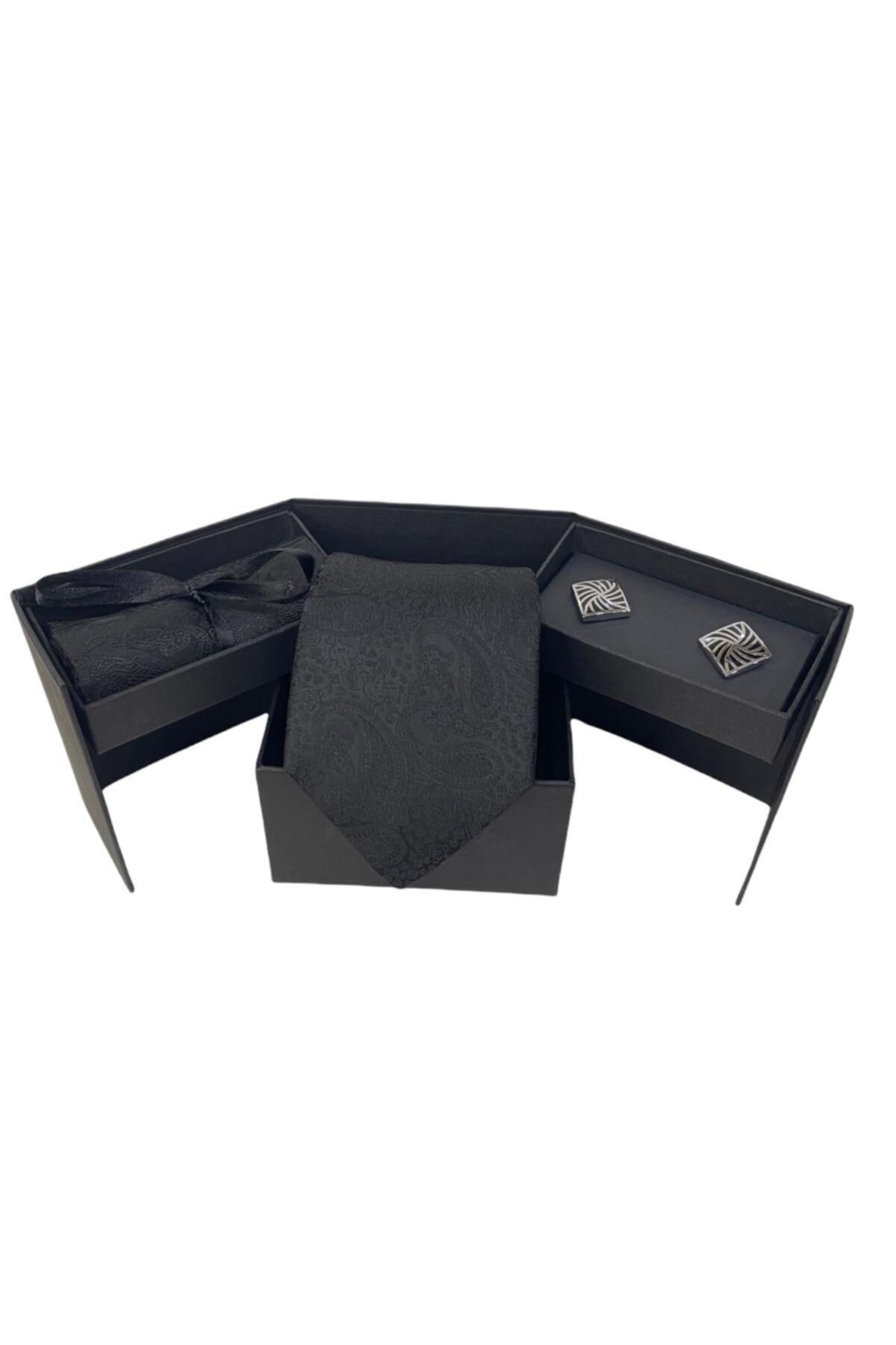 Sarar Şal Desen Siyah Kravat Mendil Kol Düğmesi Set