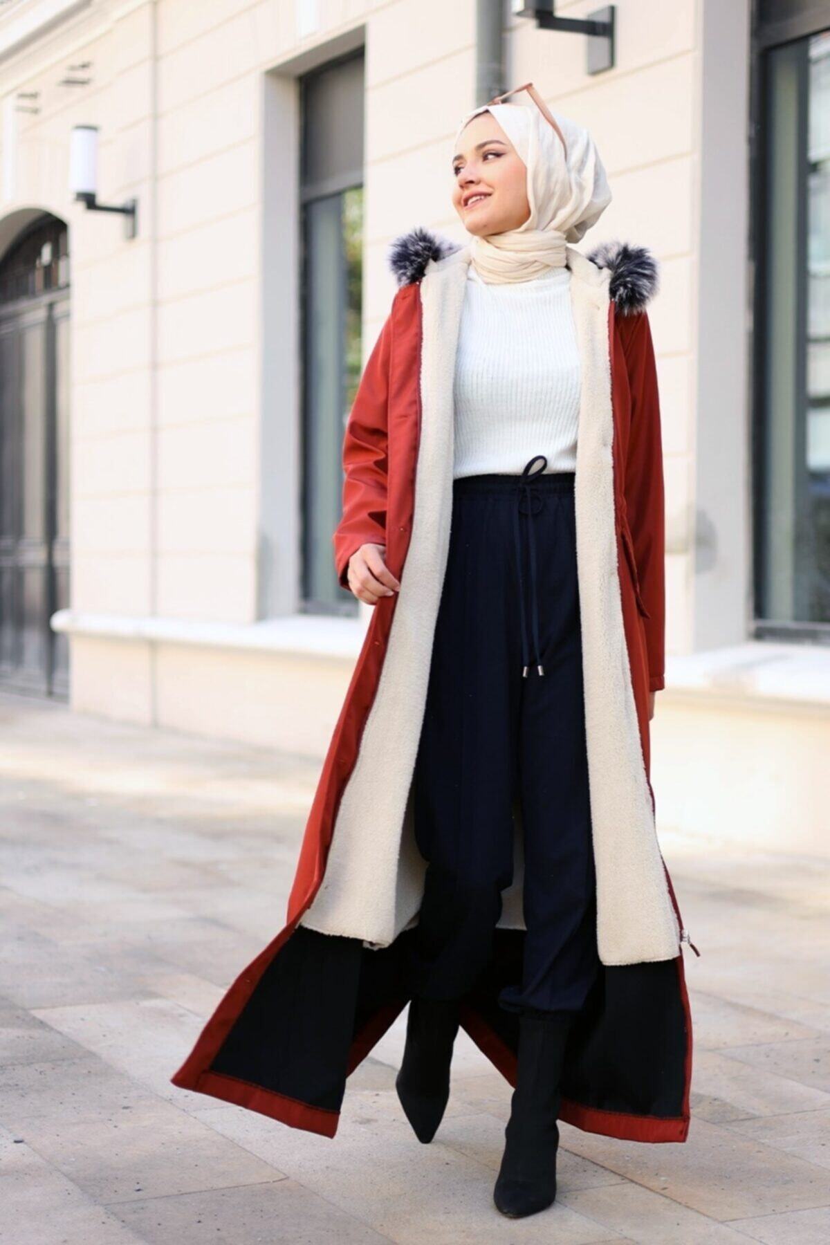 Bestenur Içi Polar Uzun Kürklü Mont - Kiremit