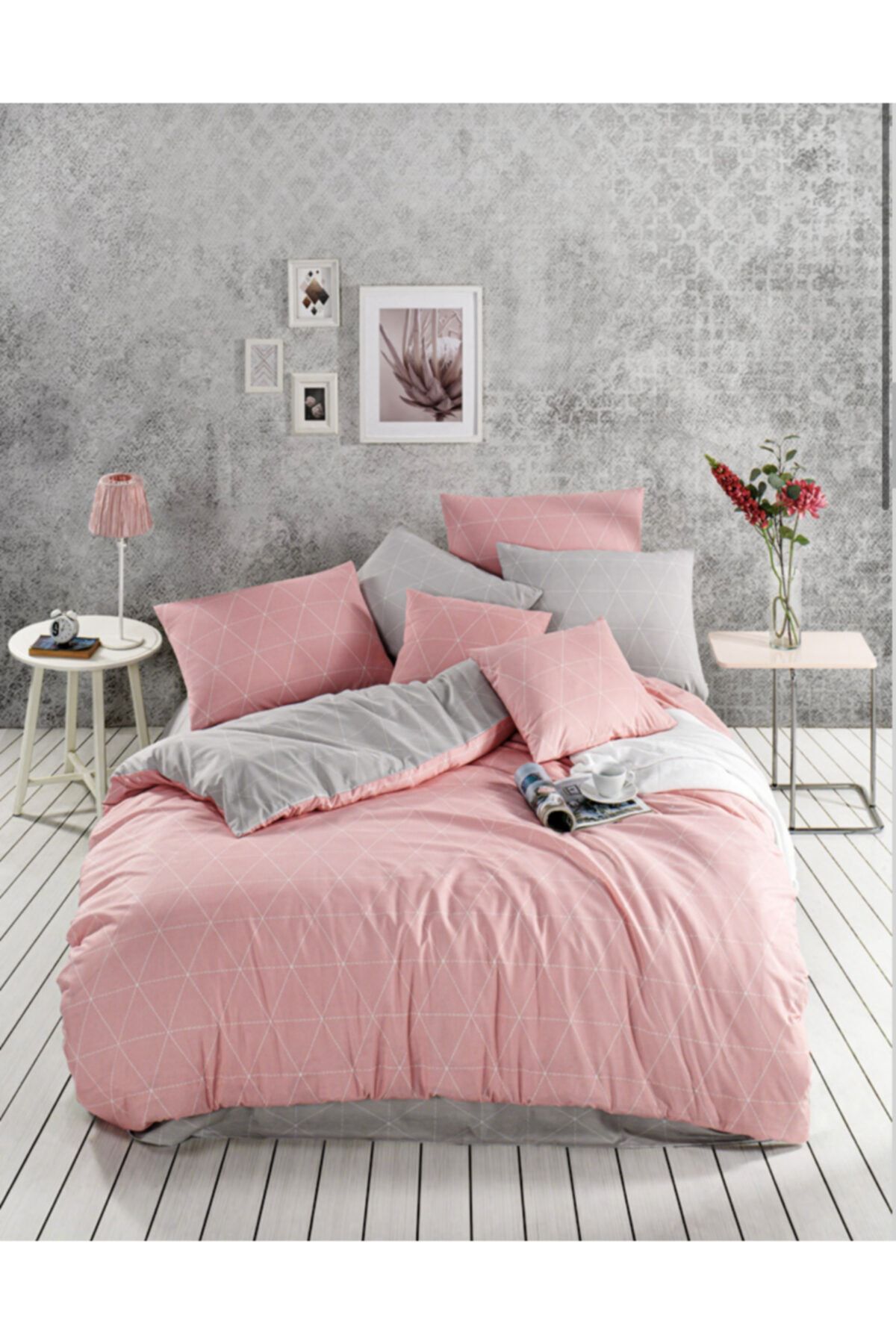 Tekstil Vagonu %100 Pamuklu Çift Kişilik Nevresim Gri - Pembe