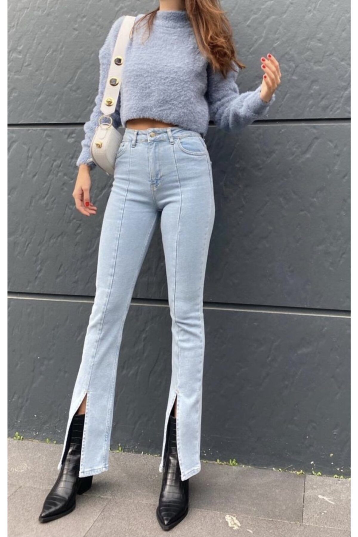 GİZE STUDİO Kadın Açık Mavi Paçası Yırtmaçlı Jeans