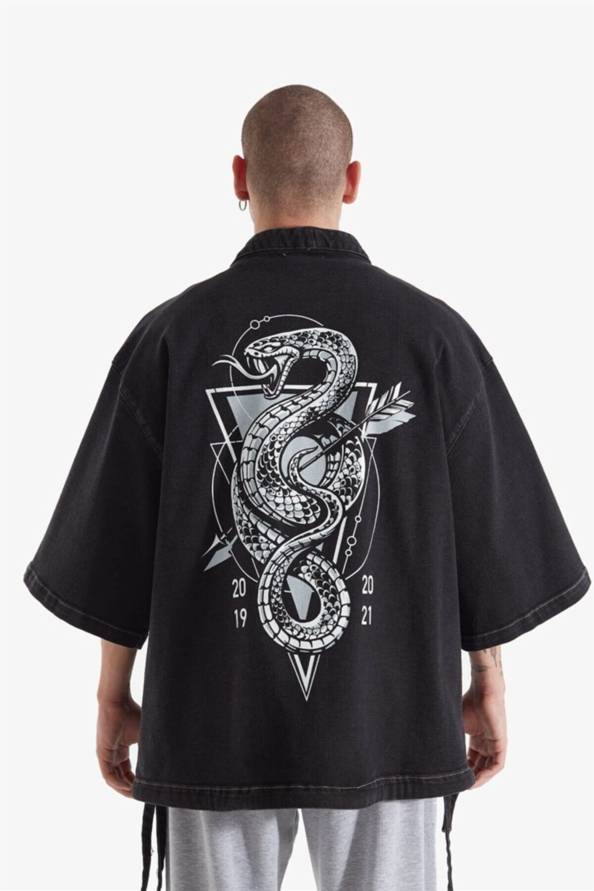 OhBro Antrasit Baskılı Kot Kimono Ceket