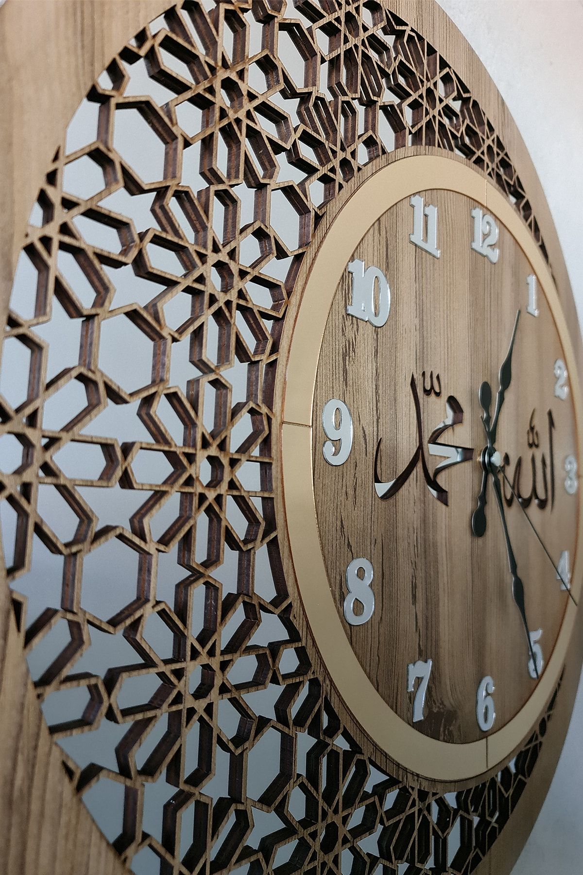 Pey Aksesuar Ahşap Ve Aynalı Allah-muhammed Motifli Normal Rakamlı Duvar Saati 50 Cm