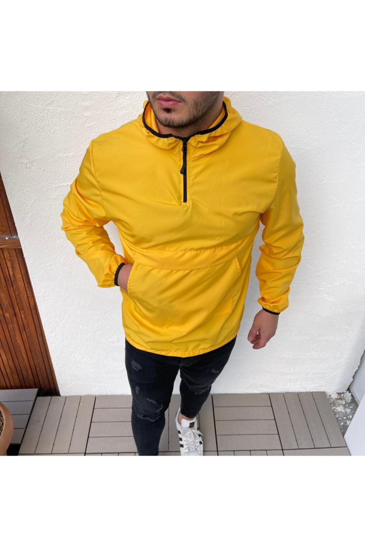 bigboss tekstil Erkek Sarı Yarım Fermuarlı Kanguru Cepli Rüzgar ve Su Geçirmez Yağmurluk