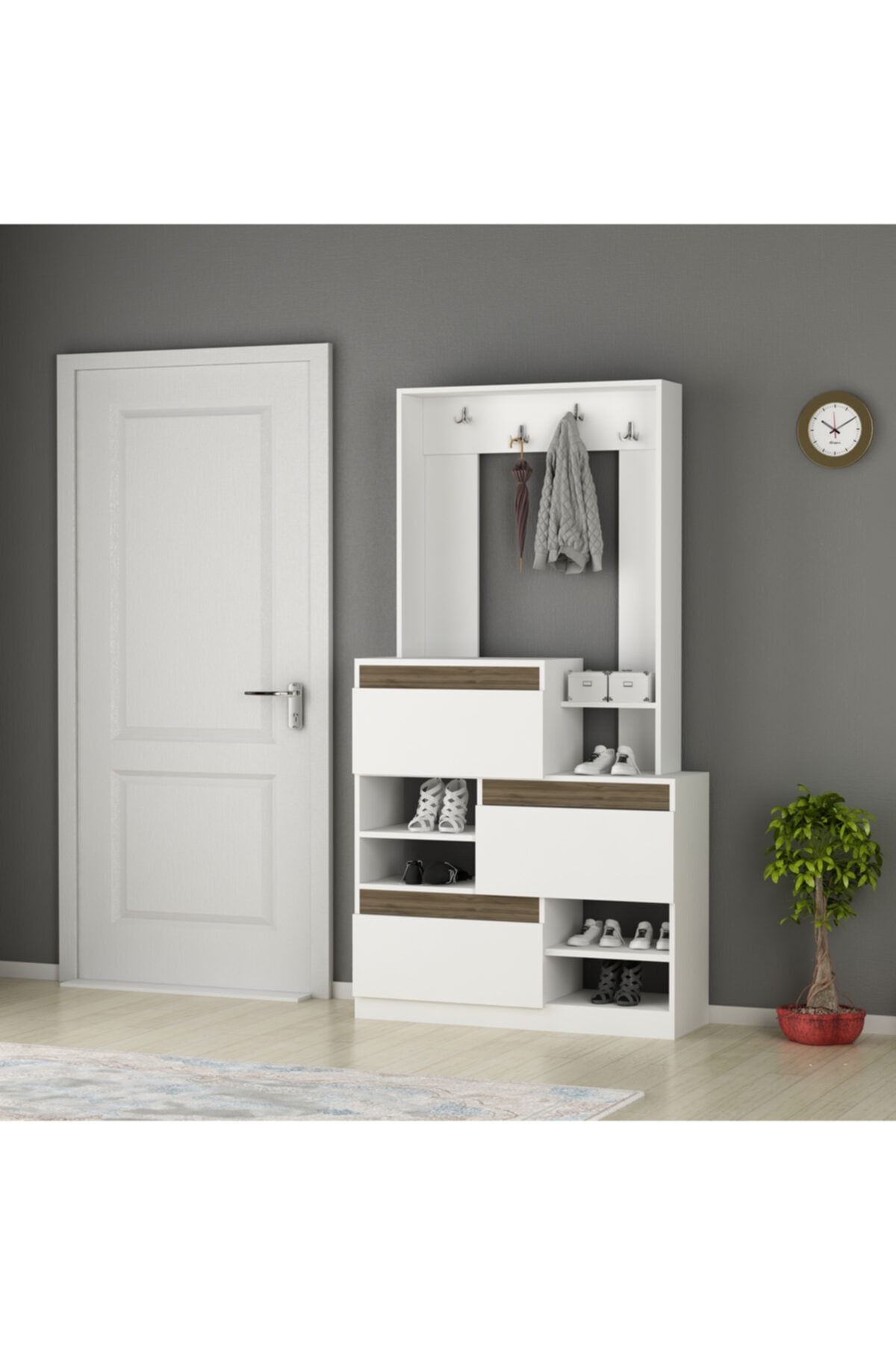 ARNETTİ Çiğdem Portmanto Beyaz-ceviz 180x95x37,1 Askılık Raflı Ve Dolaplı Kolay Kurulum Özel Tasarım