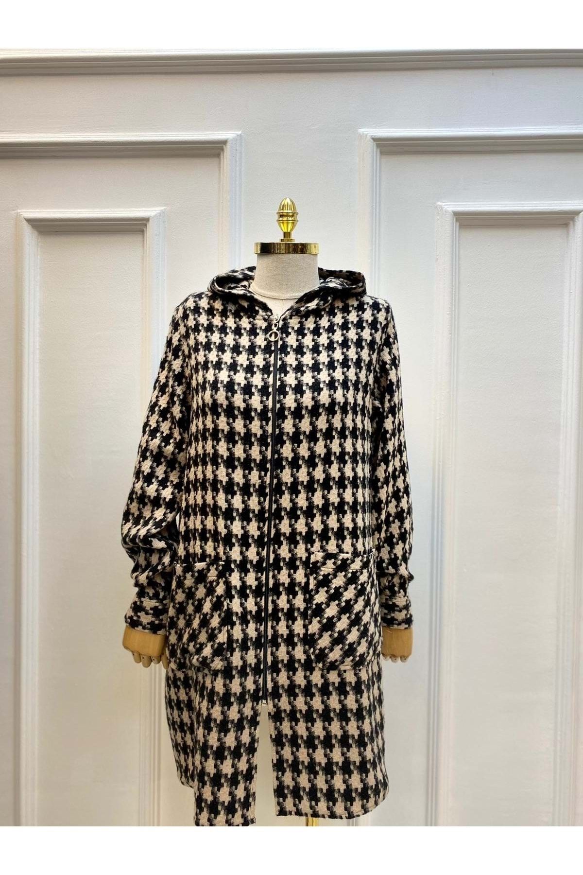 azra fashion Bayan Kapşonlu Desenli Hırka - Kahve Rengi - 46