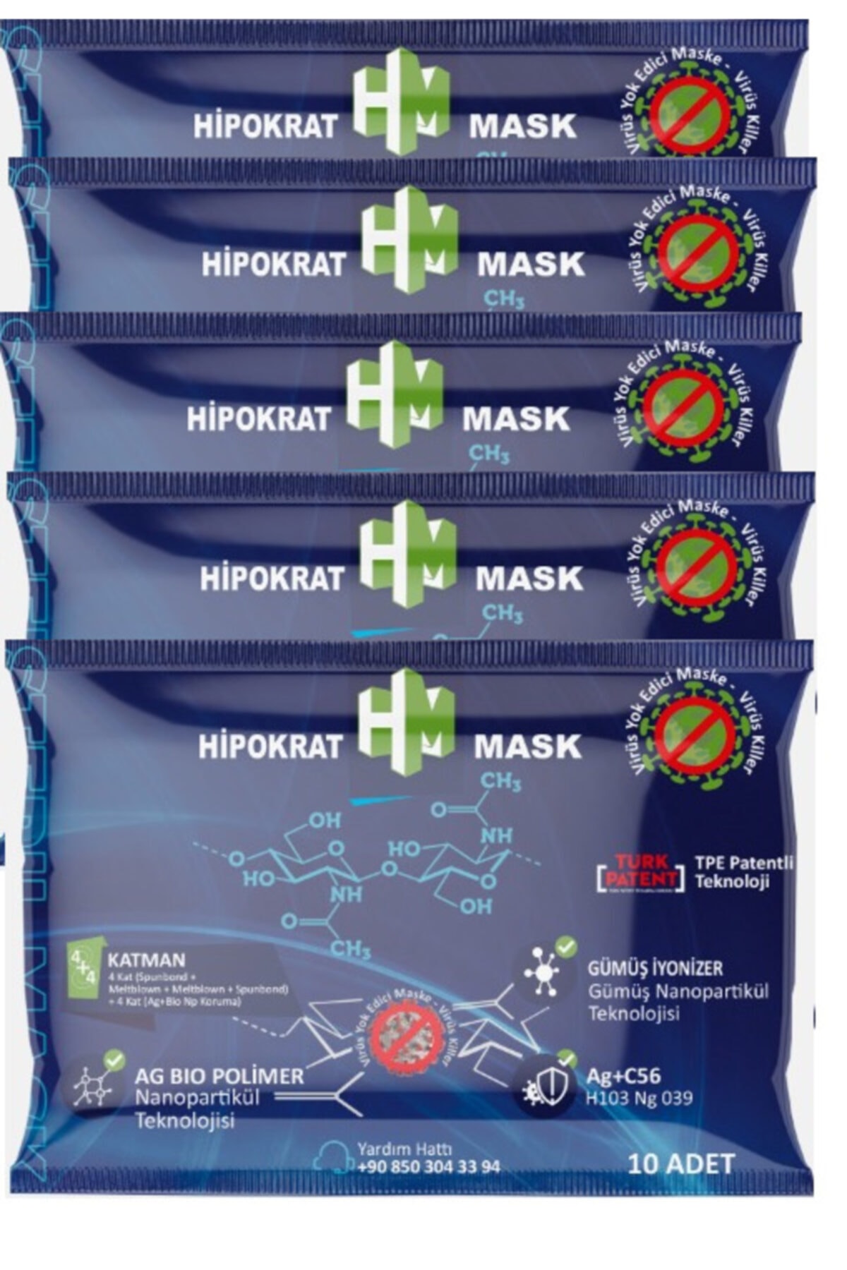 HİPOKRAT MASK E 4 4=8 Katlı Cerrahi Maske 10x5=50 Adet Gümüş Ion & Biopolimer Katmanlı Virüs Öldürücü