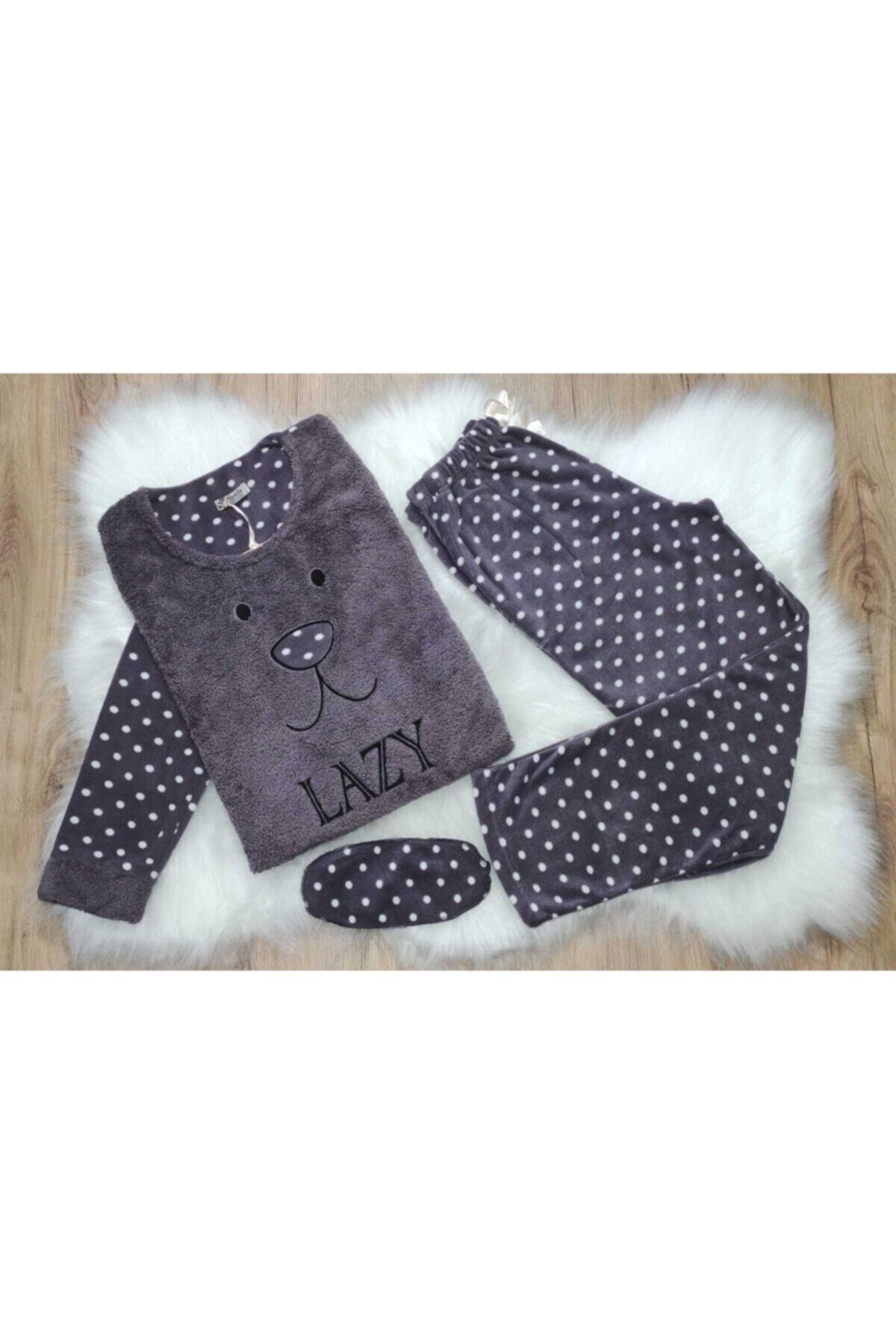 BUBAG Store Lazy Desenli Kadın Mürdüm Renkli Peluş Polar Pijama Takımı
