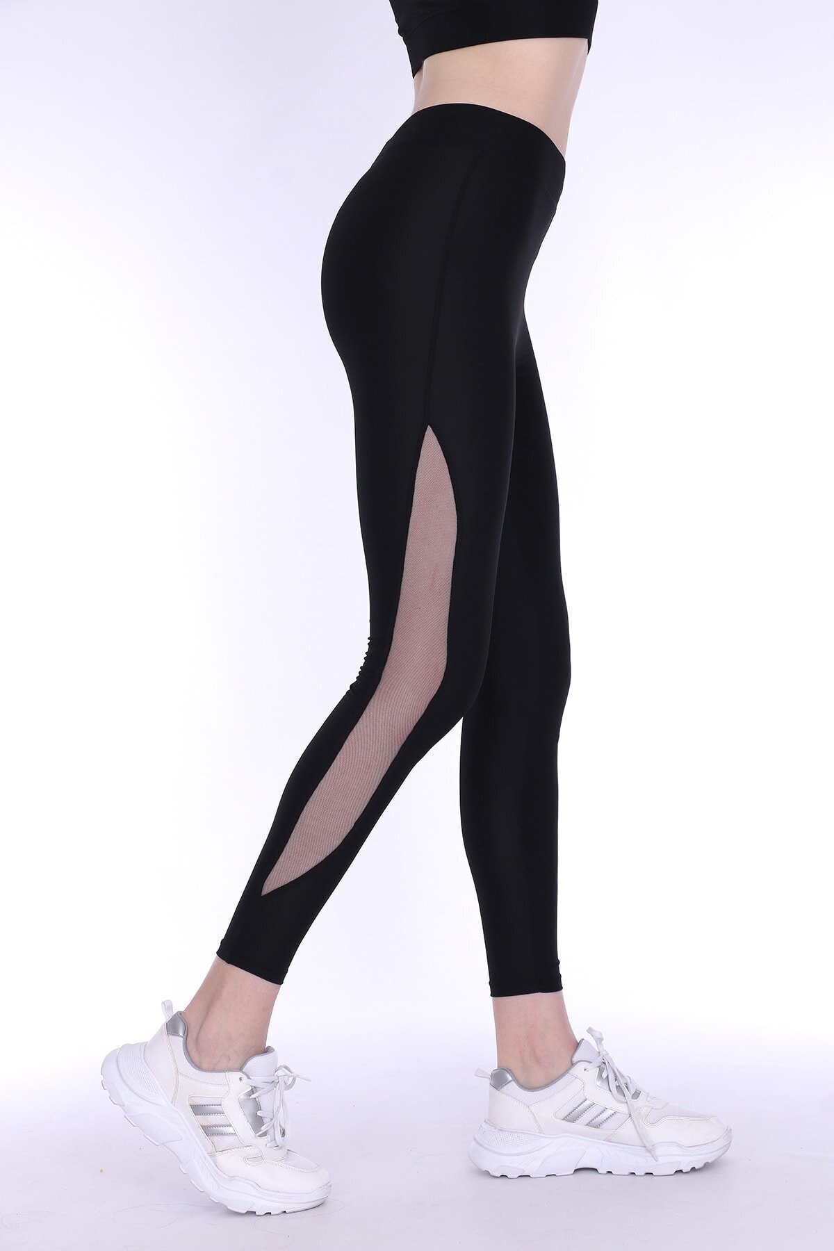 PEV Kadın Siyah Tül Detaylı Toparlayıcı Transparan Spor Tayt